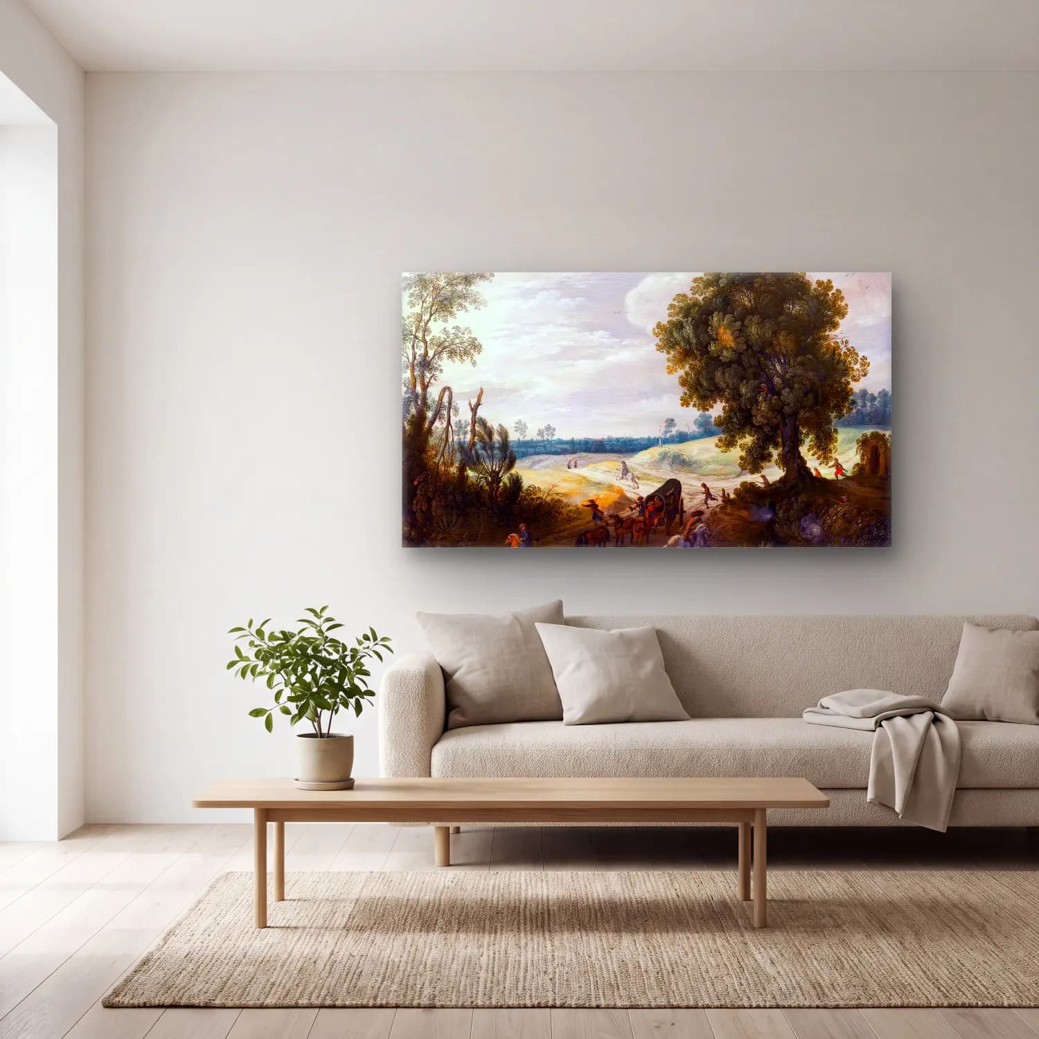Sebastian Vrancx – Landscape with a Convoy cam tablo — açık renk salonda