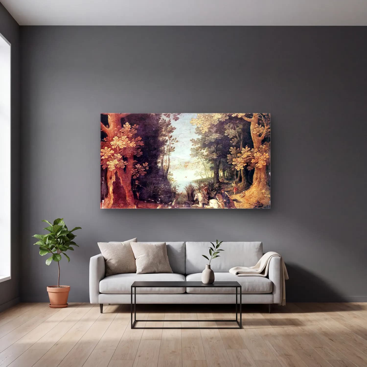 Sebastian Vrancx – Landscape with a Deer Hunt cam tablo — gri duvarlı salonda