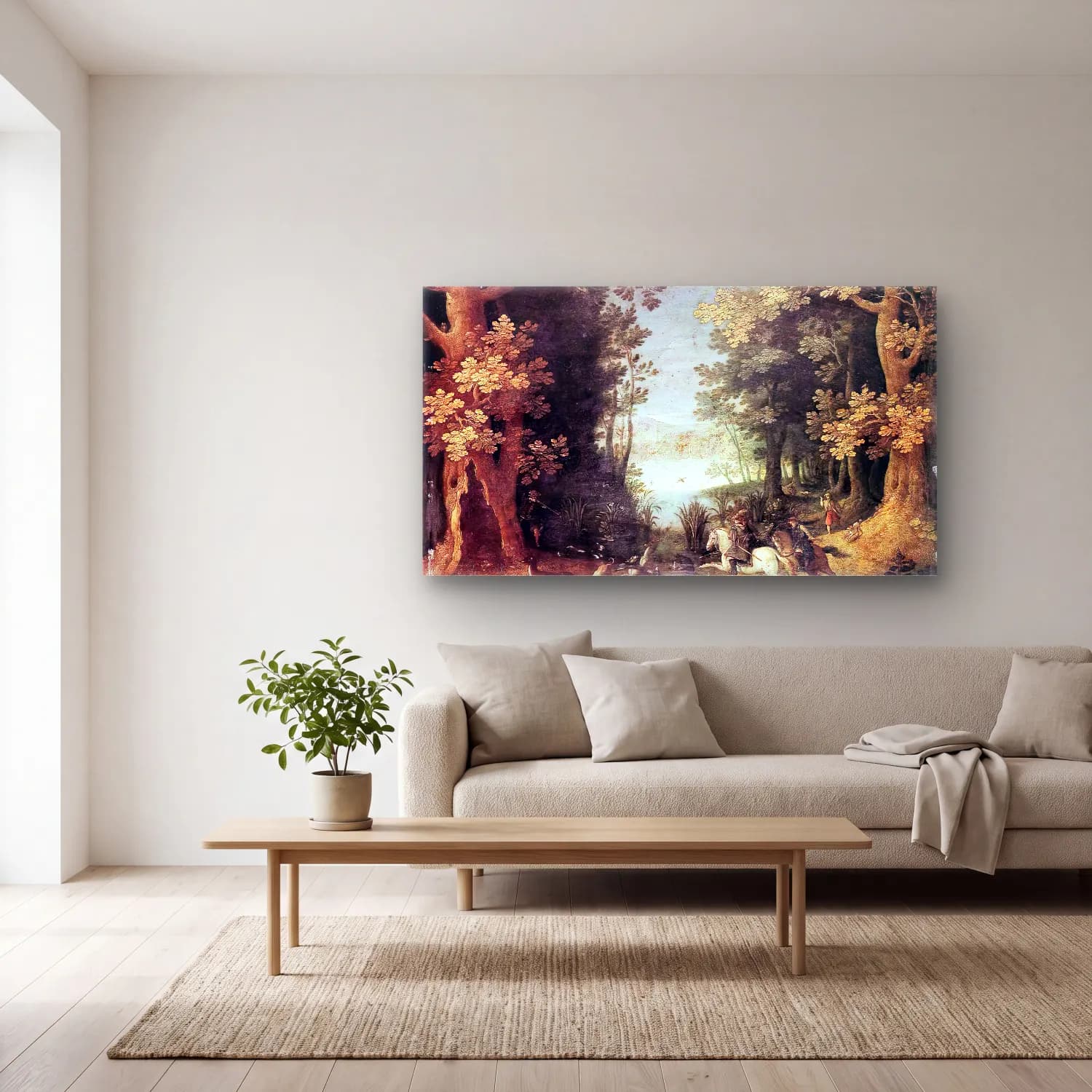 Sebastian Vrancx – Landscape with a Deer Hunt cam tablo — açık renk salonda