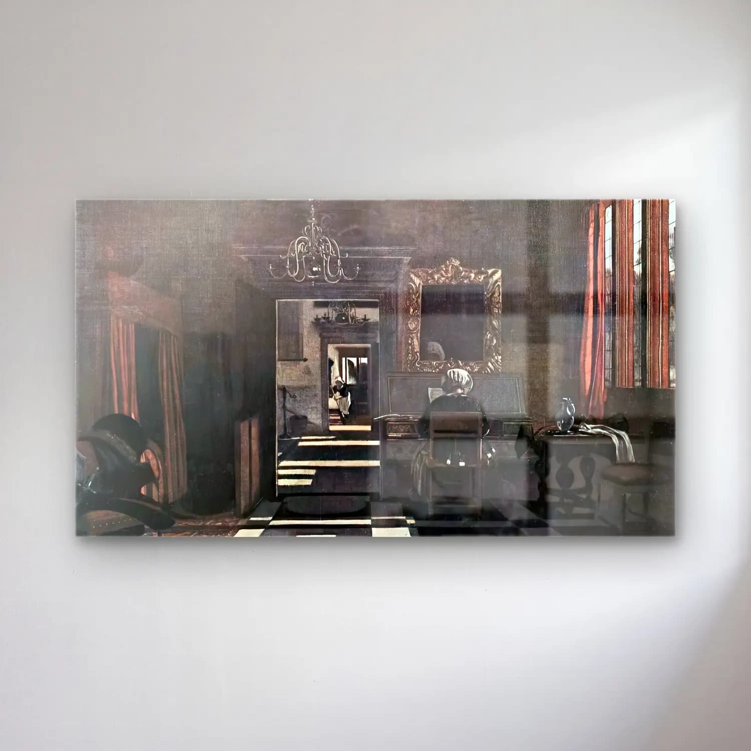 Emanuel de Witte – Interior with a Woman at the Virginals cam tablo — Emanuel de Witte – Interior with a Woman at the Virginals — siyah beyaz vintage i̇ç mekân