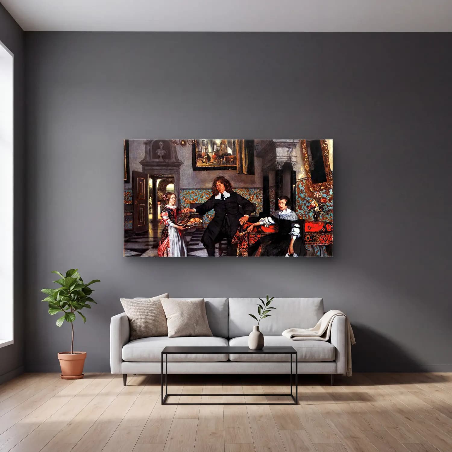 Emanuel de Witte – Portrait of a Family in an Interior cam tablo — gri duvarlı salonda