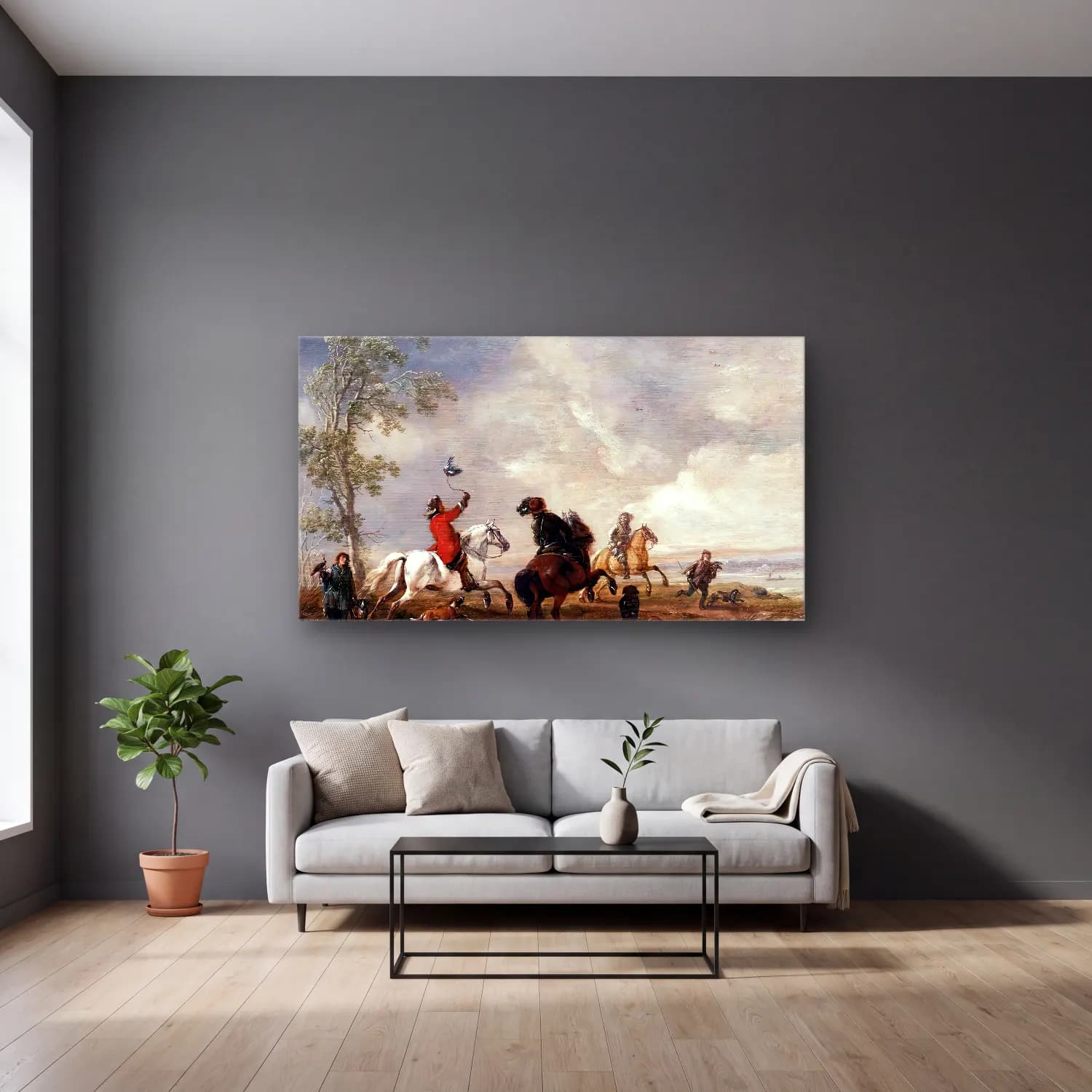 Philips Wouwerman – A Hawking Party cam tablo — gri duvarlı salonda