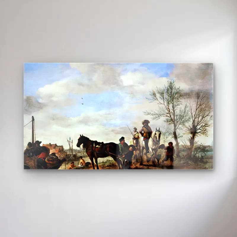 Philips Wouwerman – A Man and a Woman on Horseback cam tablo — Philips Wouwerman – A Man and a Woman on Horseback — yağlı boya savaş sahnesi