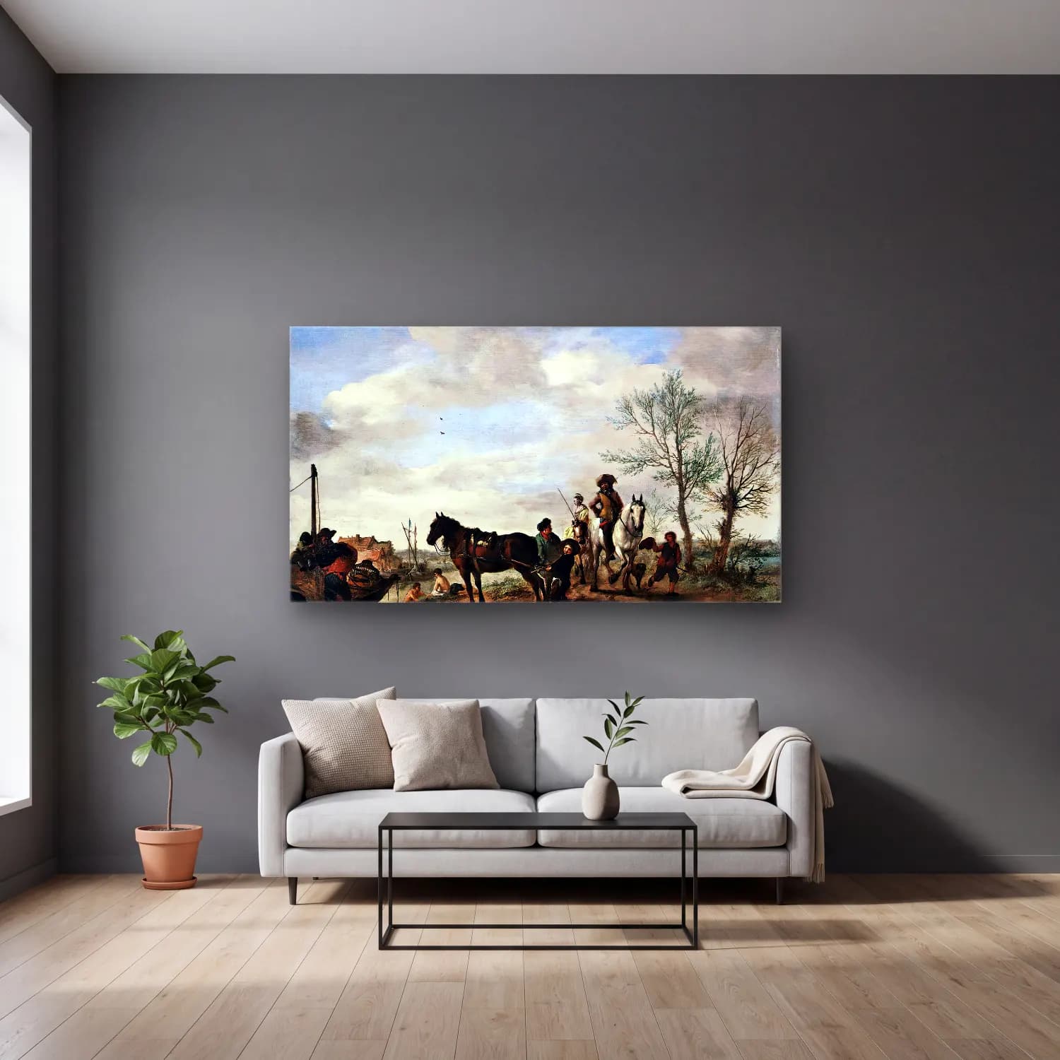 Philips Wouwerman – A Man and a Woman on Horseback cam tablo — gri duvarlı salonda