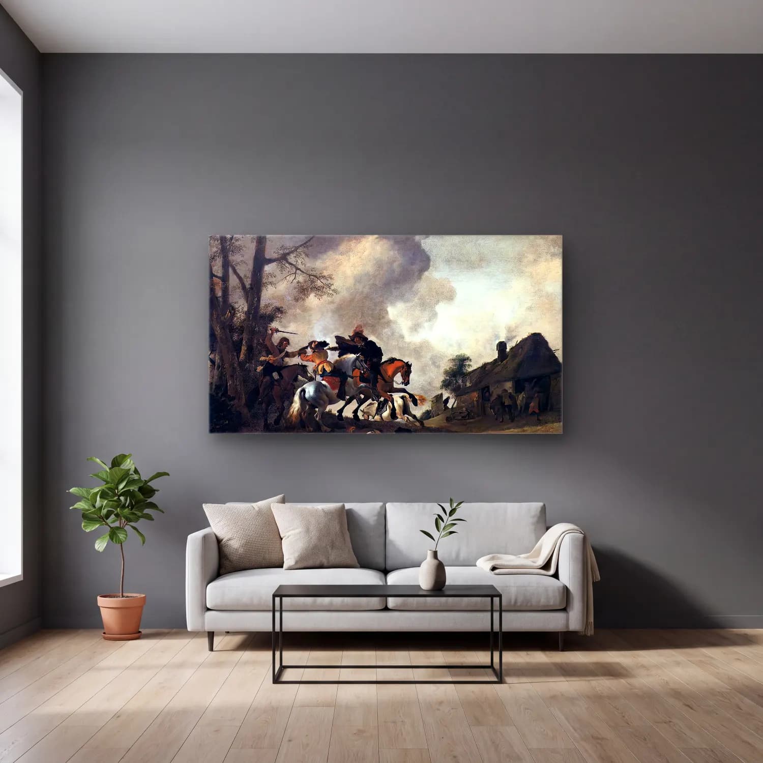 Philips Wouwerman – Battle on Horseback cam tablo — gri duvarlı salonda