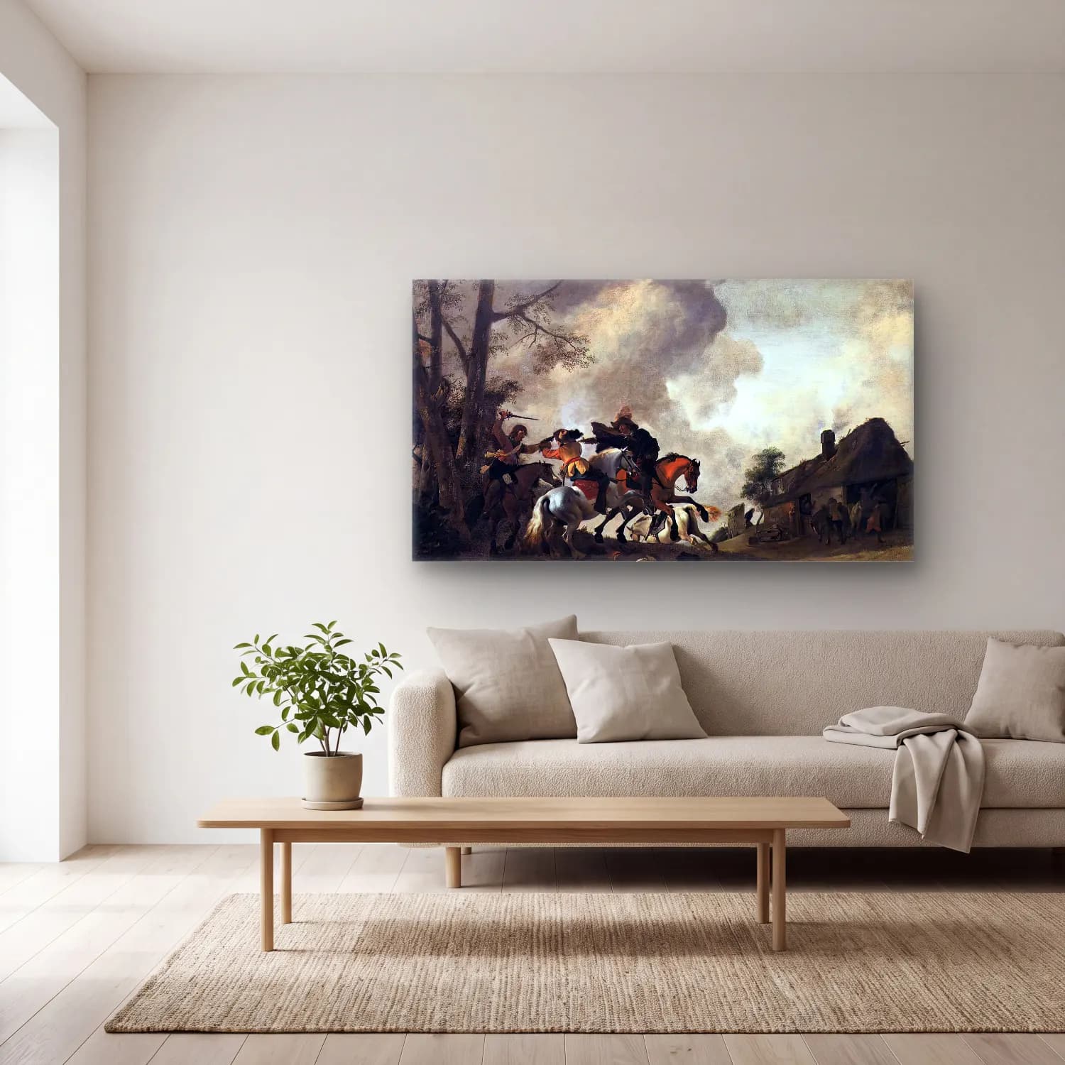 Philips Wouwerman – Battle on Horseback cam tablo — açık renk salonda