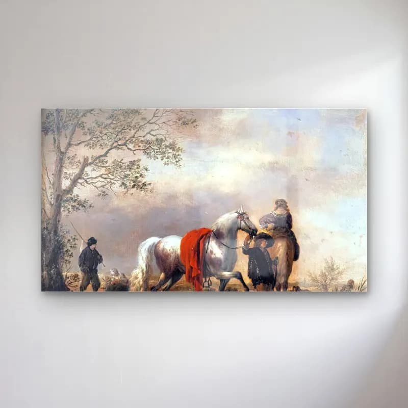 Philips Wouwerman – Cavalier Holding a Dappled Grey Horse cam tablo — Philips Wouwerman – Cavalier Holding a Dappled Grey Horse — yağlı boya atlı