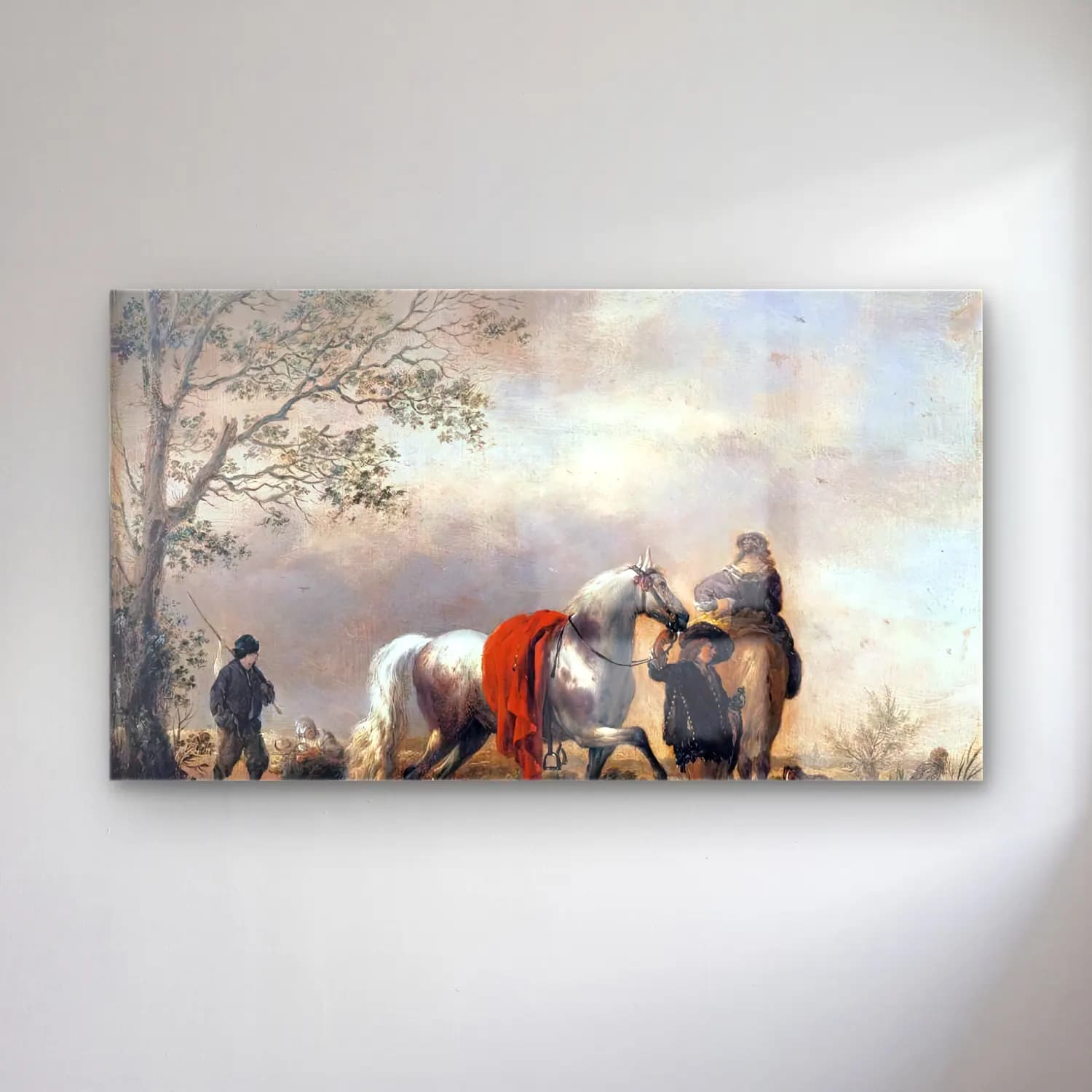 Philips Wouwerman – Cavalier Holding a Dappled Grey Horse cam tablo — Philips Wouwerman – Cavalier Holding a Dappled Grey Horse — yağlı boya atlı