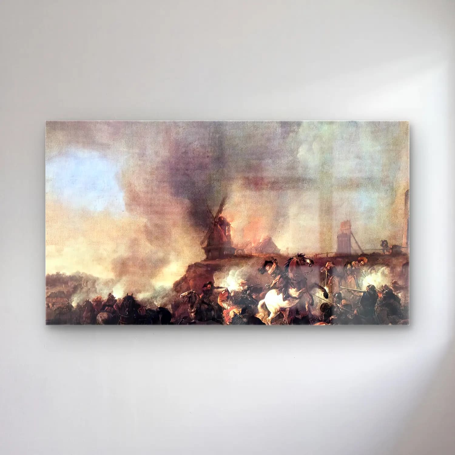 Philips Wouwerman – Cavalry Battle in front of a Burning Mill cam tablo — Philips Wouwerman – Cavalry Battle in front of a Burning Mill — empresyonist savaş sahnesi