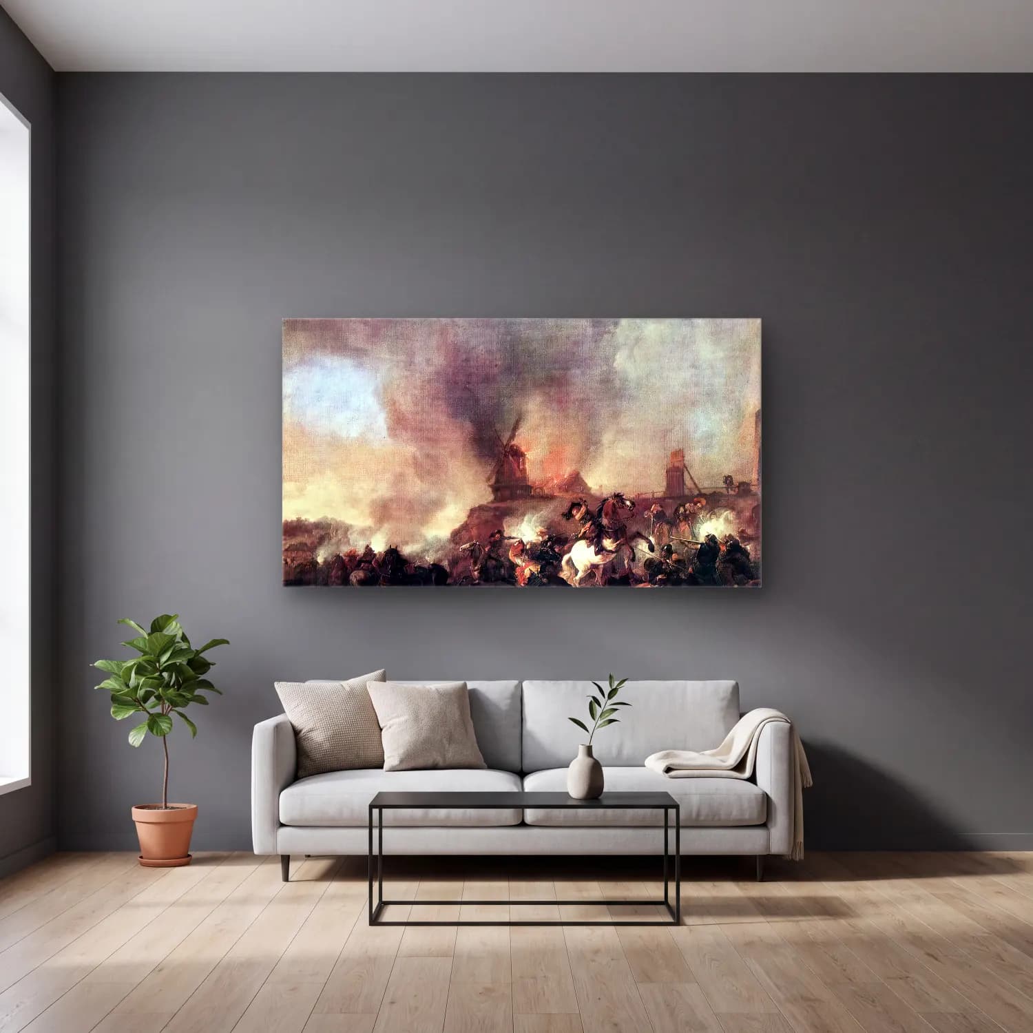 Philips Wouwerman – Cavalry Battle in front of a Burning Mill cam tablo — gri duvarlı salonda