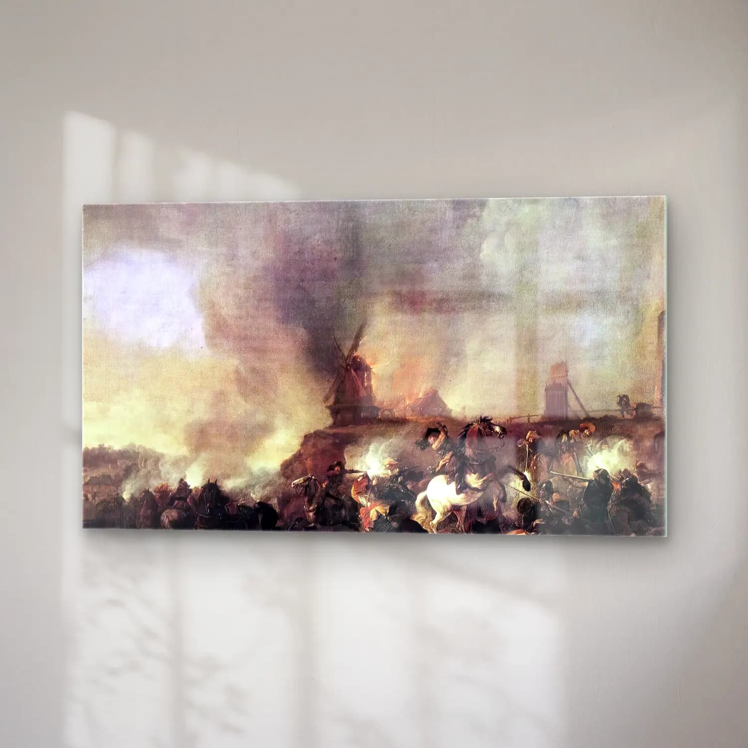 Philips Wouwerman – Cavalry Battle in front of a Burning Mill cam tablo — sağ açıdan görünüm