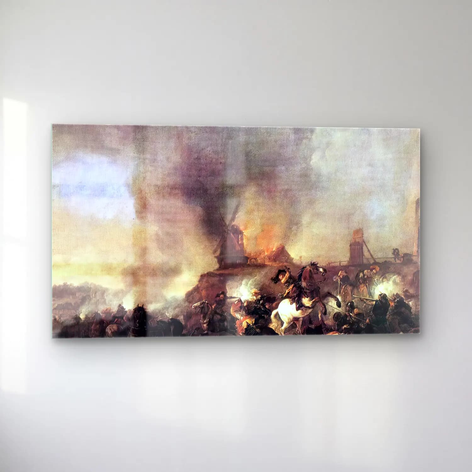 Philips Wouwerman – Cavalry Battle in front of a Burning Mill cam tablo — sol açıdan görünüm