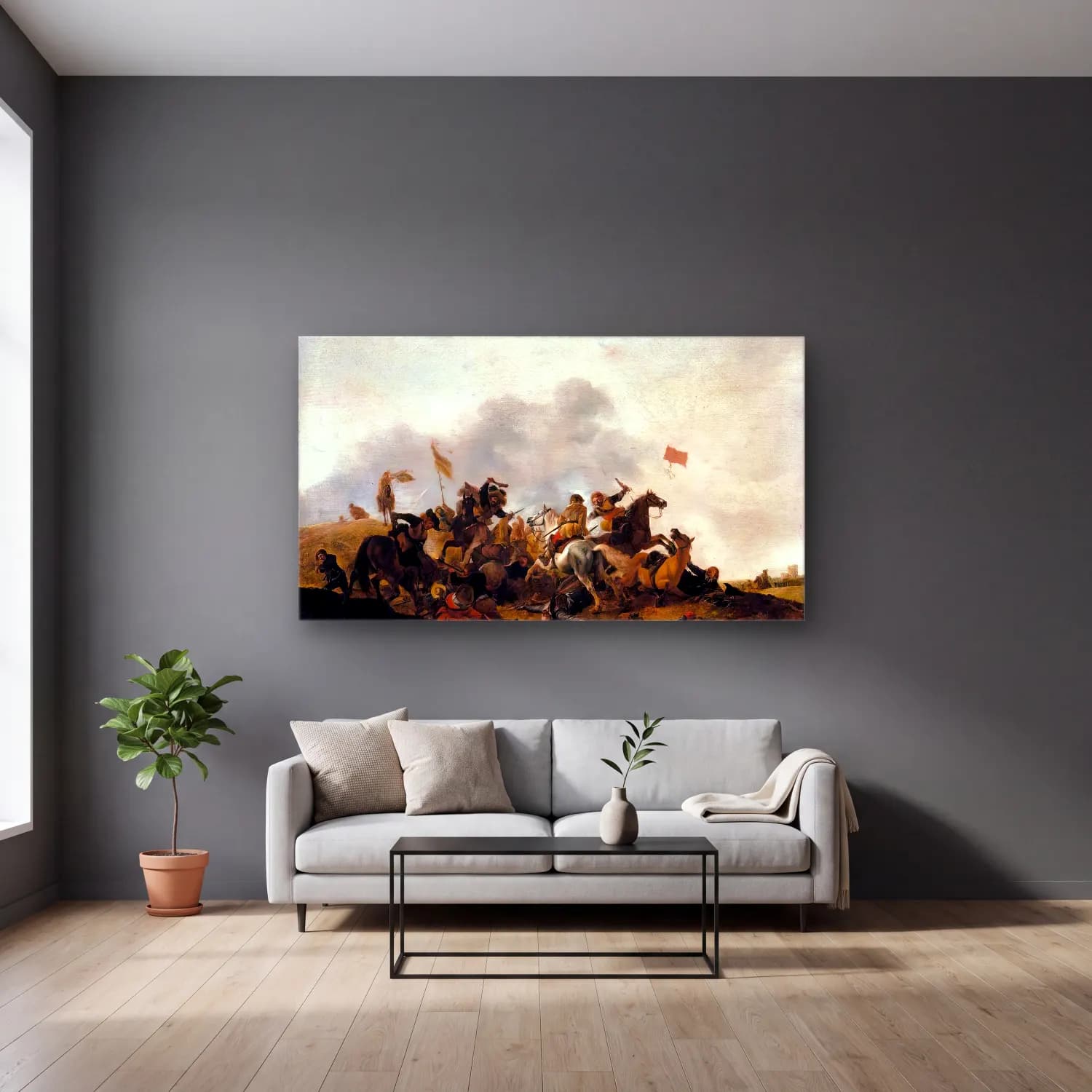 Philips Wouwerman – Cavalry Skirmish cam tablo — gri duvarlı salonda