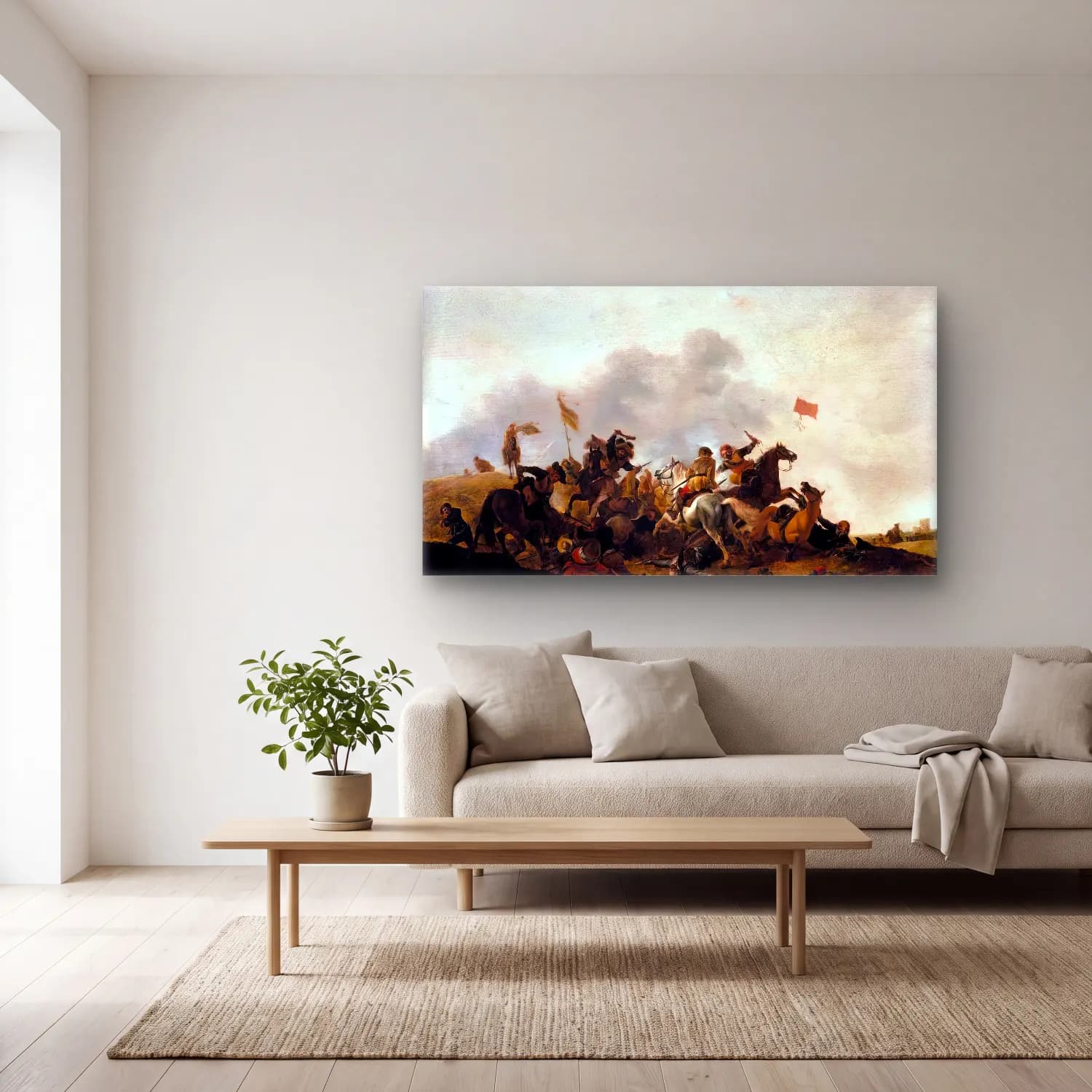 Philips Wouwerman – Cavalry Skirmish cam tablo — açık renk salonda