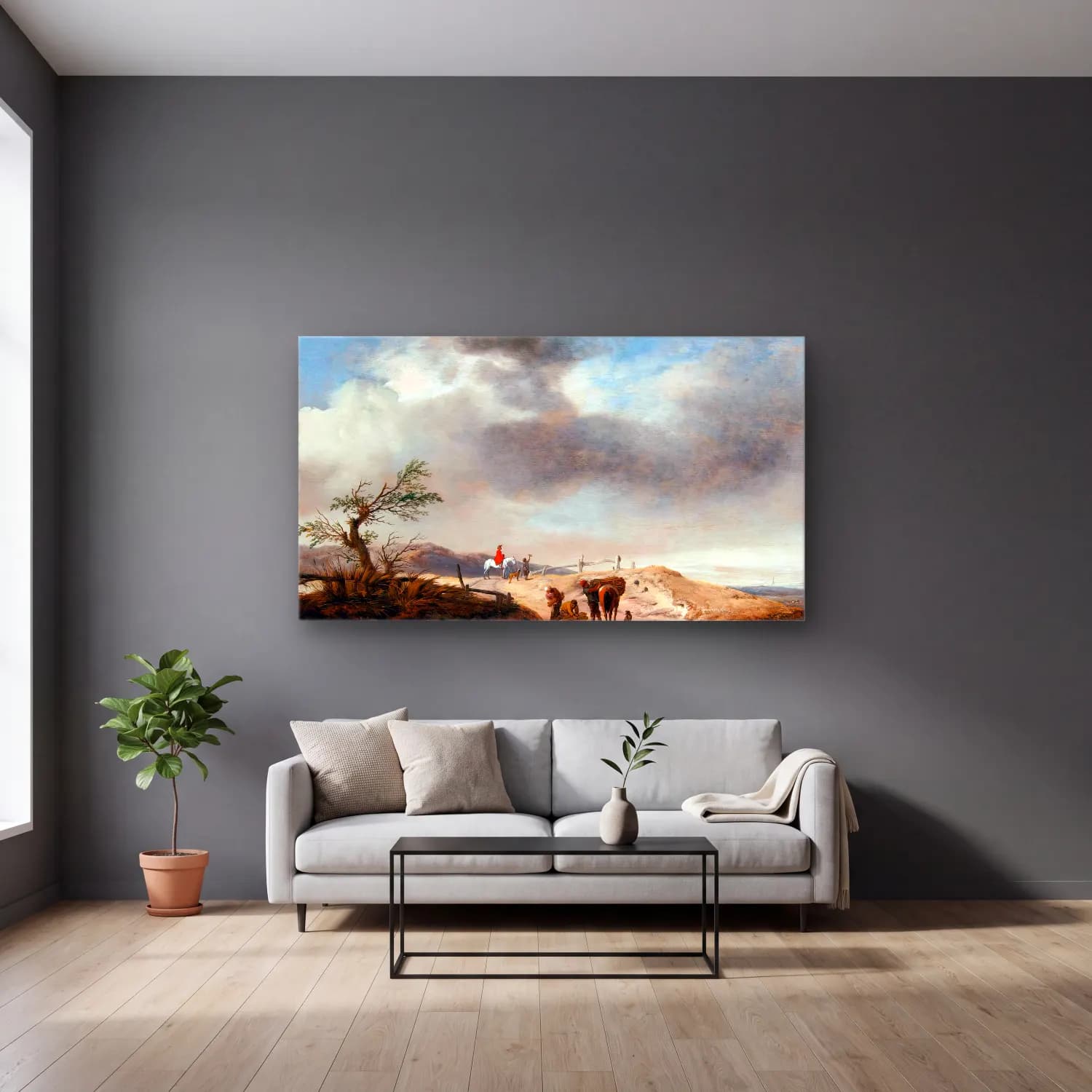 Philips Wouwerman – Dune Landscape with Figures cam tablo — gri duvarlı salonda