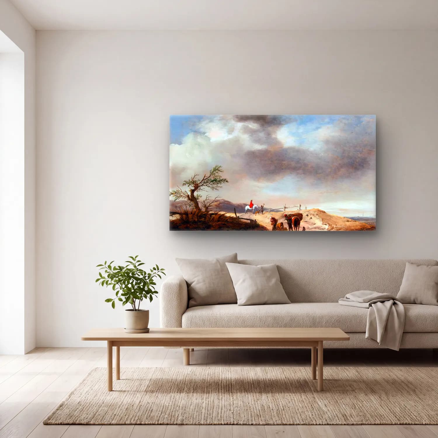 Philips Wouwerman – Dune Landscape with Figures cam tablo — açık renk salonda