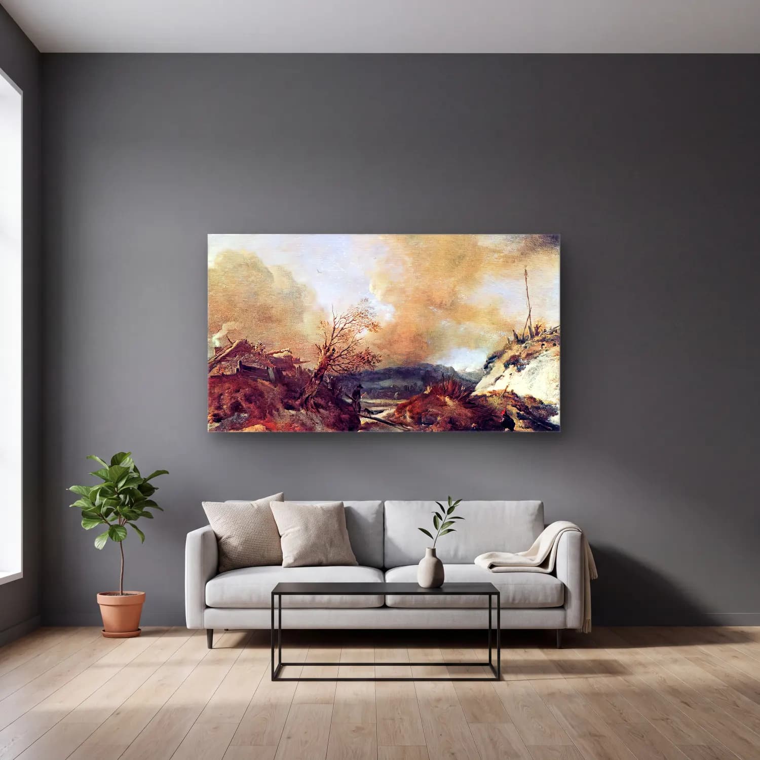 Philips Wouwerman – Dune Landscape cam tablo — gri duvarlı salonda