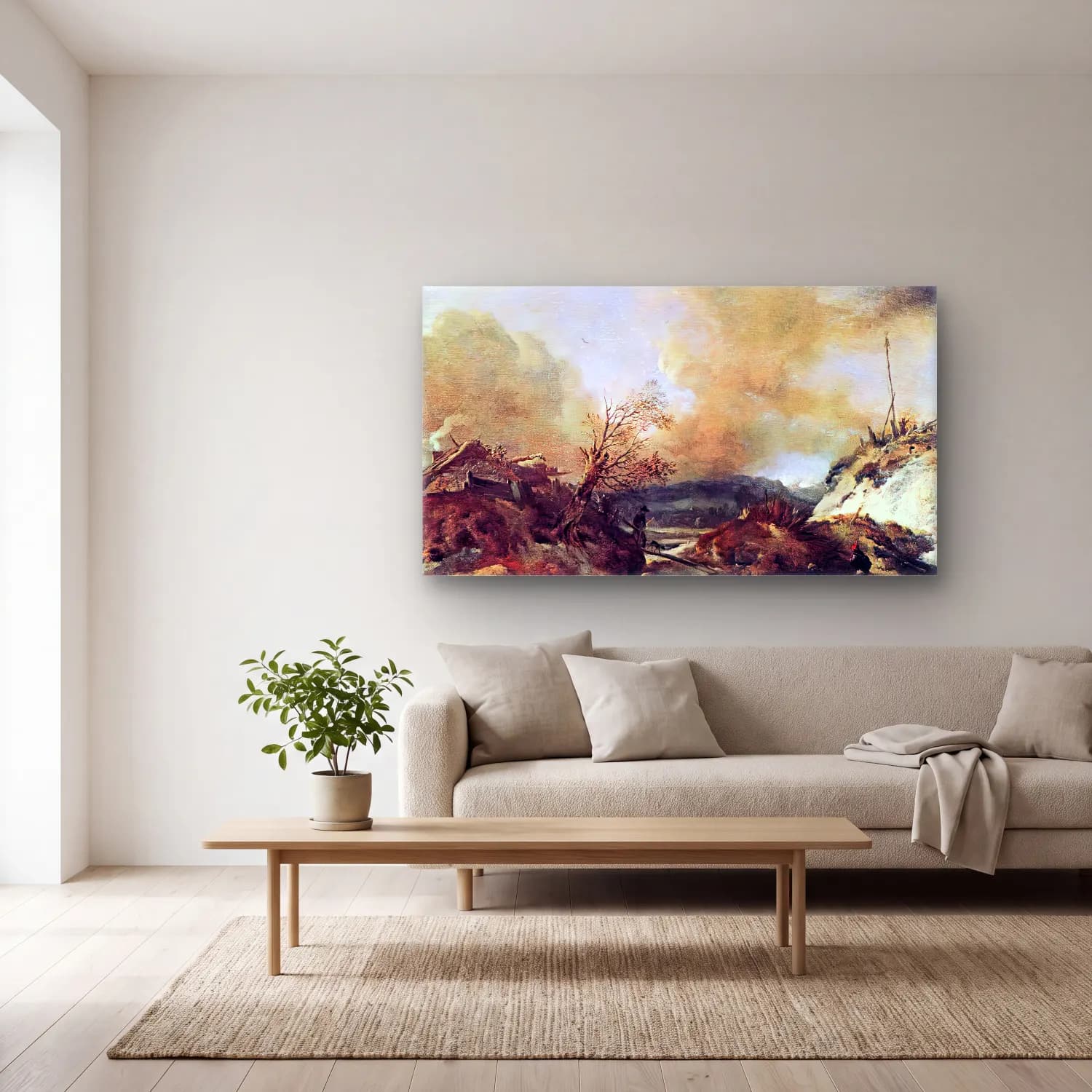 Philips Wouwerman – Dune Landscape cam tablo — açık renk salonda