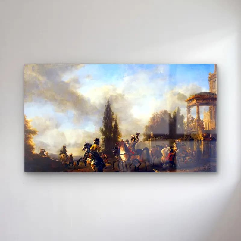 Philips Wouwerman – Huntsmen Setting Out cam tablo — Philips Wouwerman – Huntsmen Setting Out — yağlı boya savaş sahnesi