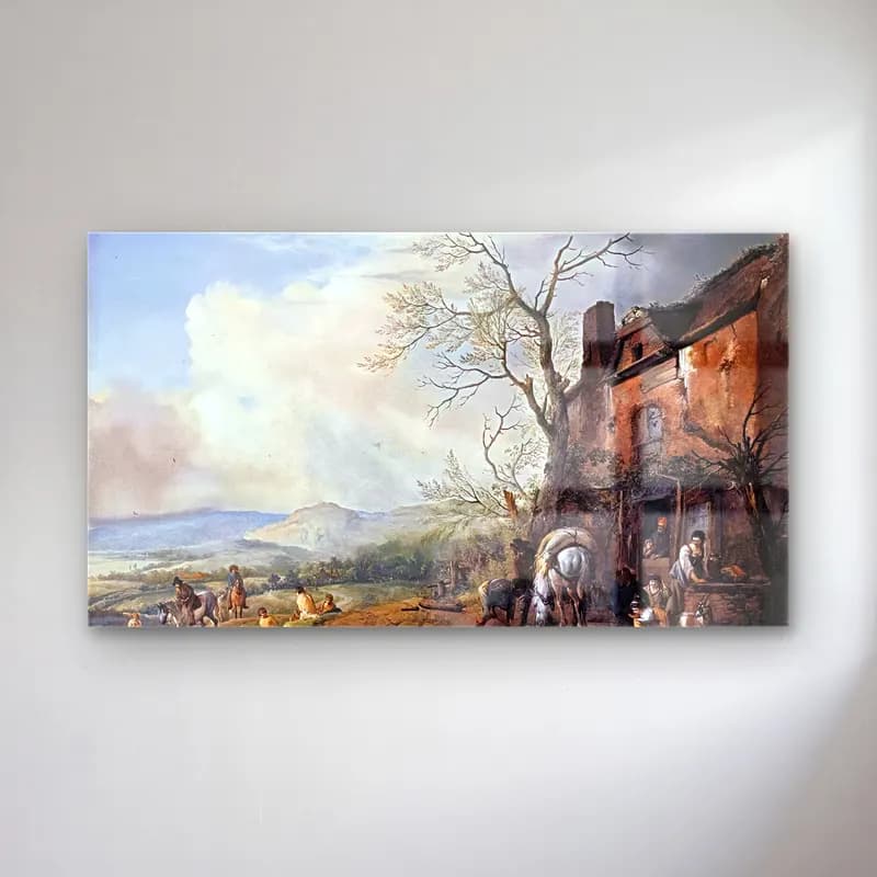 Philips Wouwerman – Landscape with Peasants by a Cottage cam tablo — Philips Wouwerman – Landscape with Peasants by a Cottage — yağlı boya kır evi