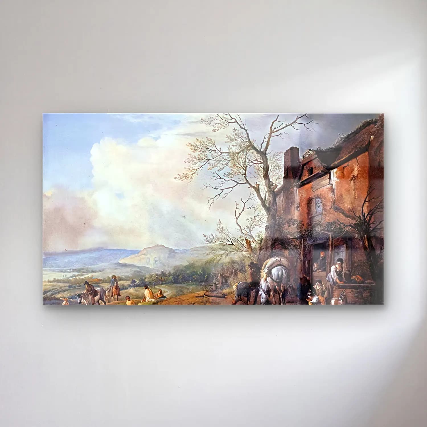 Philips Wouwerman – Landscape with Peasants by a Cottage cam tablo — Philips Wouwerman – Landscape with Peasants by a Cottage — yağlı boya kır evi