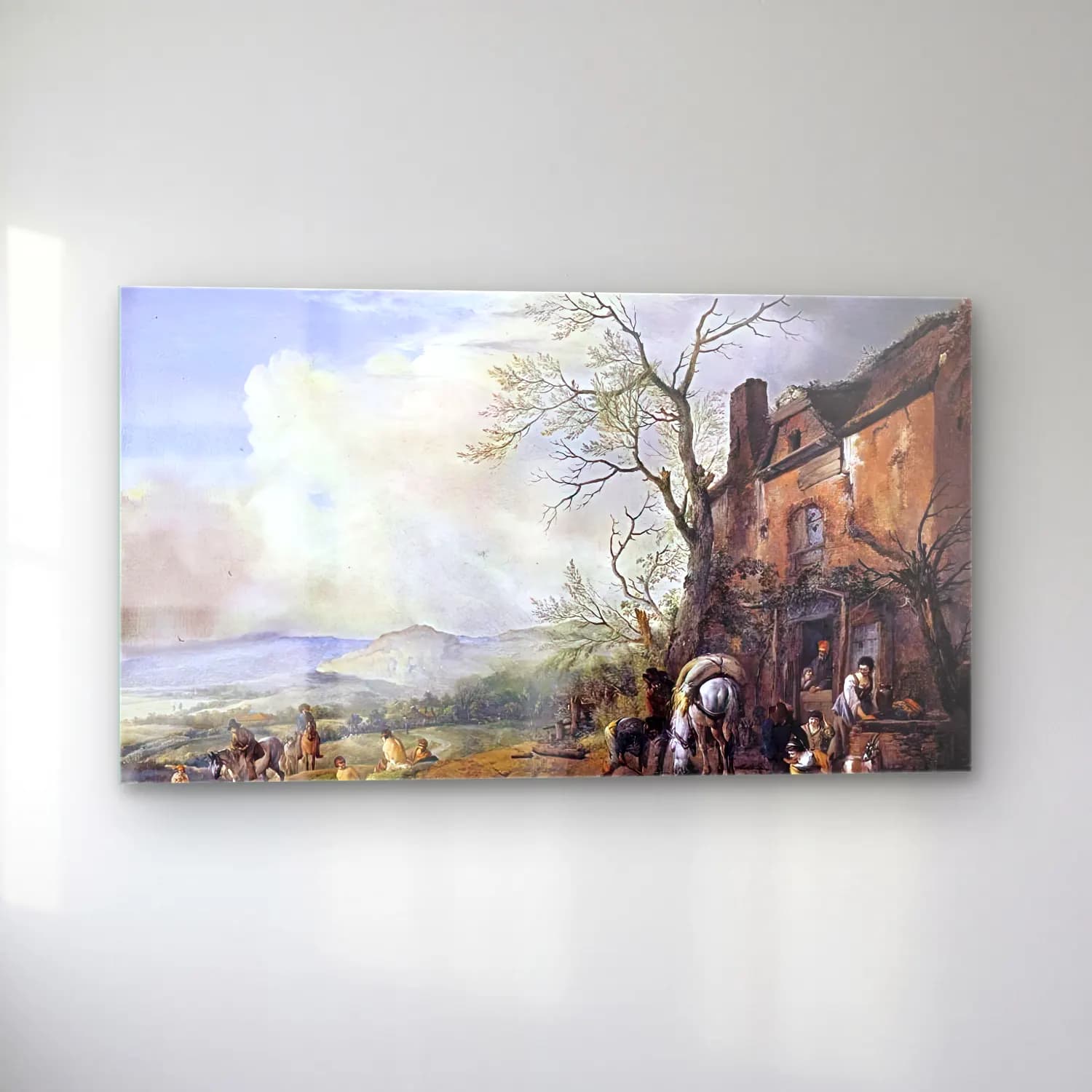 Philips Wouwerman – Landscape with Peasants by a Cottage cam tablo — sol açıdan görünüm