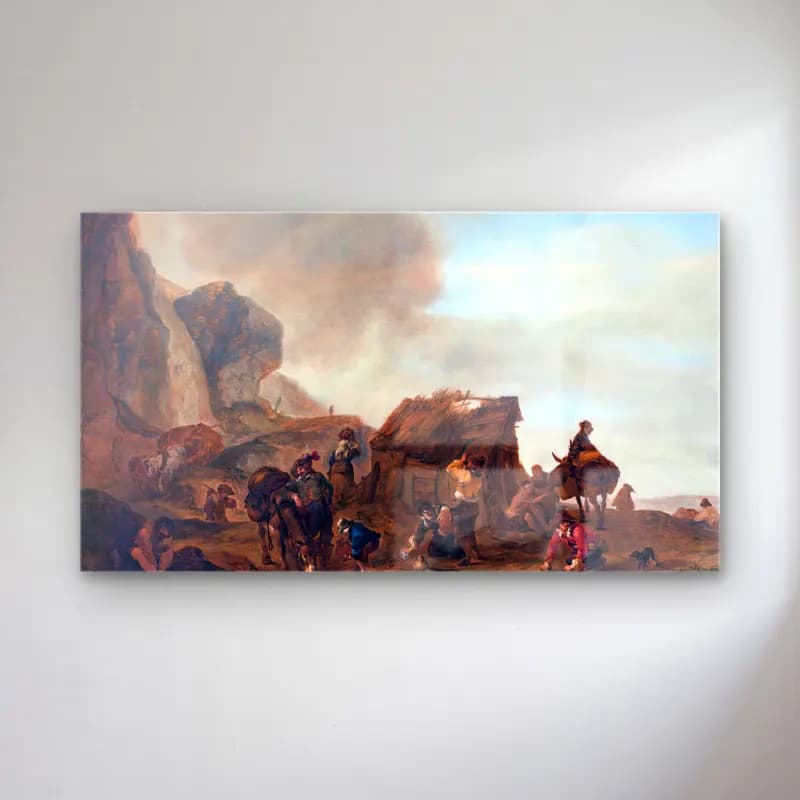Philips Wouwerman – Mountainous Landscape with a Hut cam tablo — Philips Wouwerman – Mountainous Landscape with a Hut — yağlı boya savaş sahnesi
