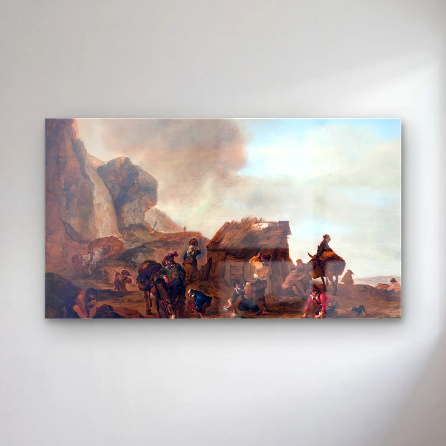 Philips Wouwerman – Mountainous Landscape with a Hut cam tablo — Philips Wouwerman – Mountainous Landscape with a Hut — yağlı boya savaş sahnesi