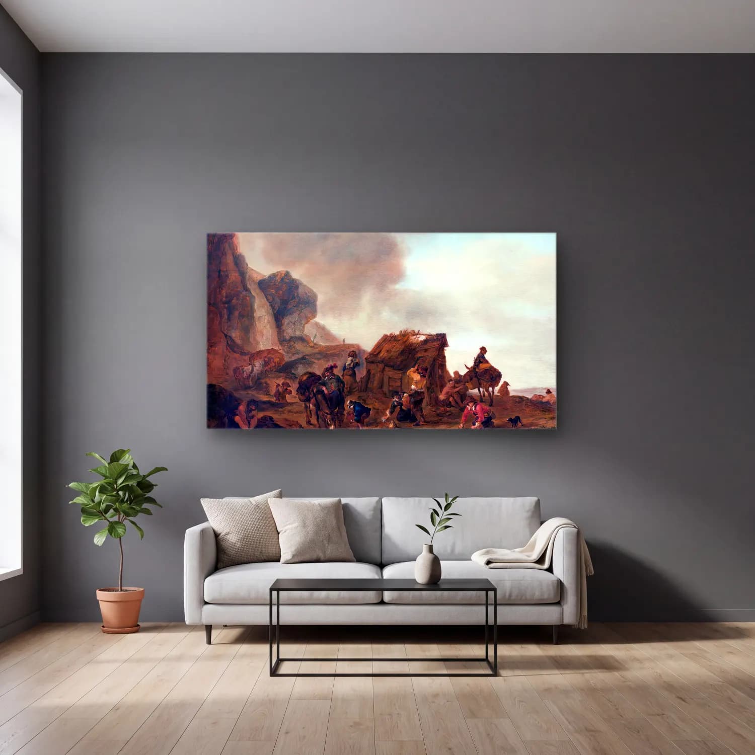 Philips Wouwerman – Mountainous Landscape with a Hut cam tablo — gri duvarlı salonda