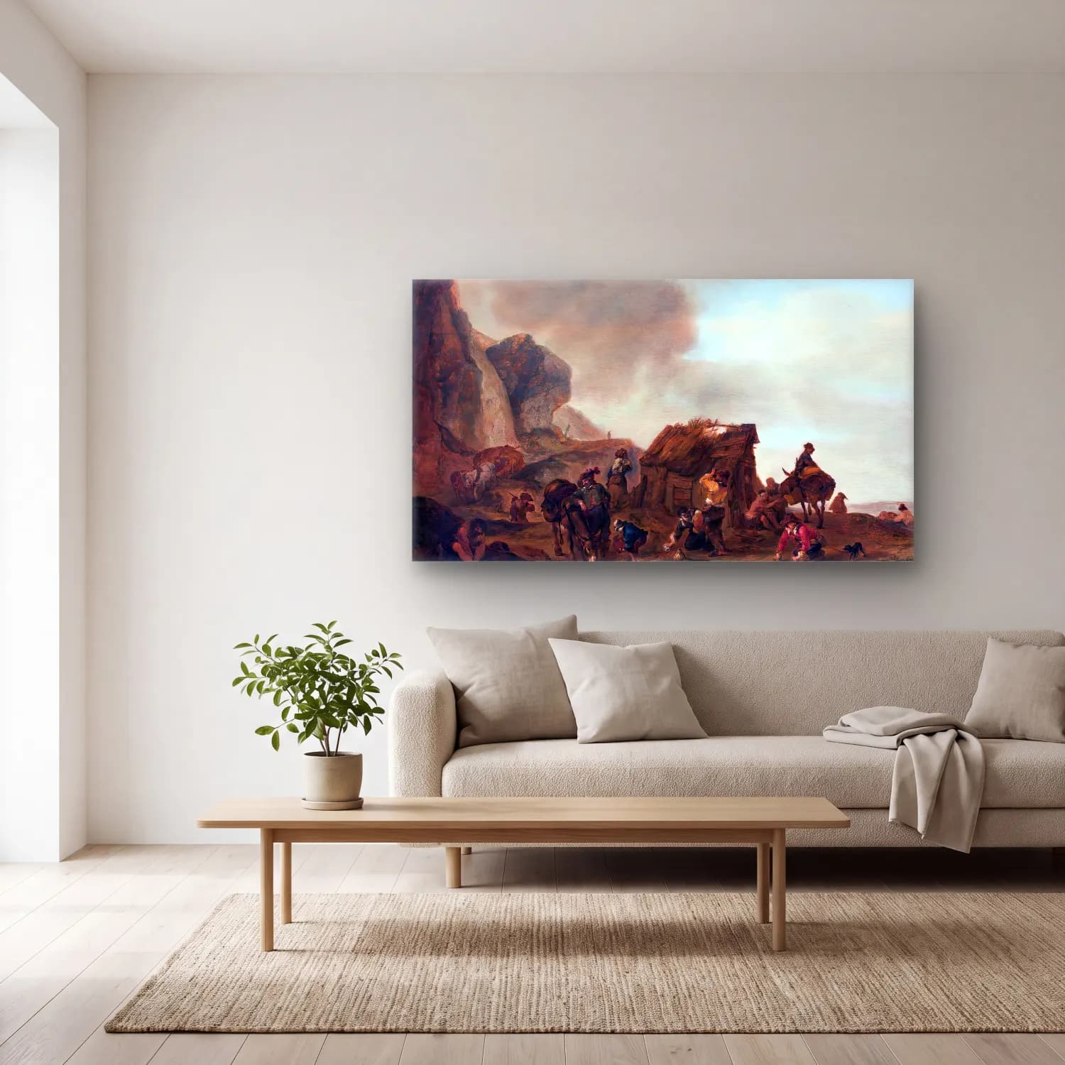 Philips Wouwerman – Mountainous Landscape with a Hut cam tablo — açık renk salonda