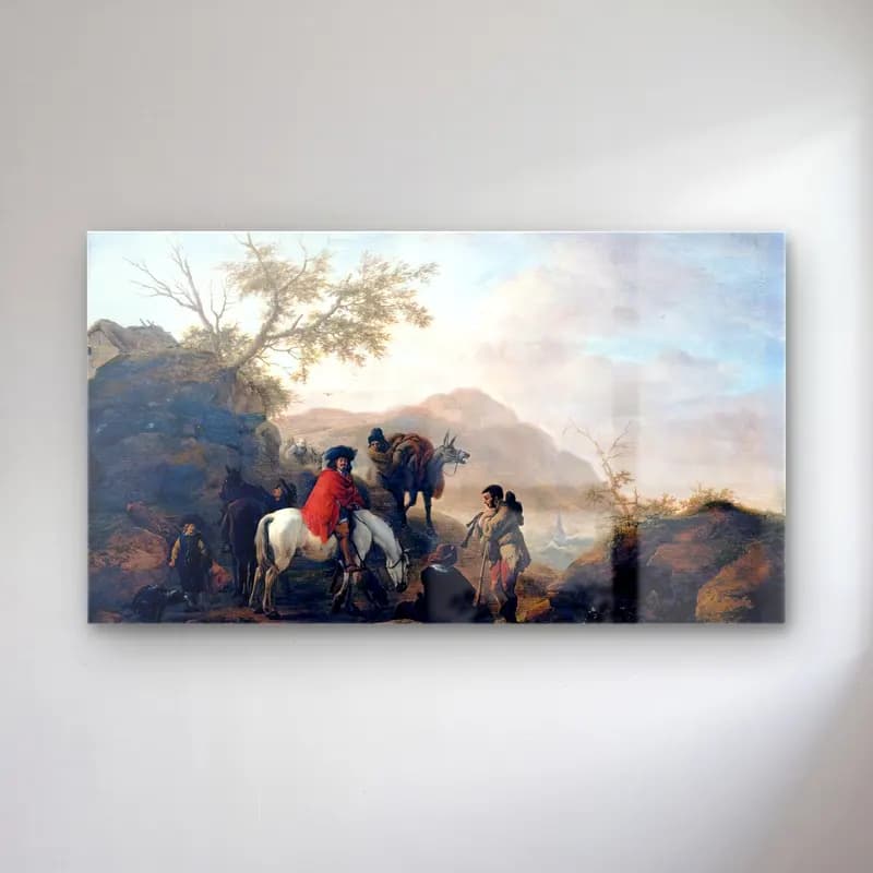 Philips Wouwerman – Scene on a Rocky Road cam tablo — Philips Wouwerman – Scene on a Rocky Road — yağlı boya dağ manzarası
