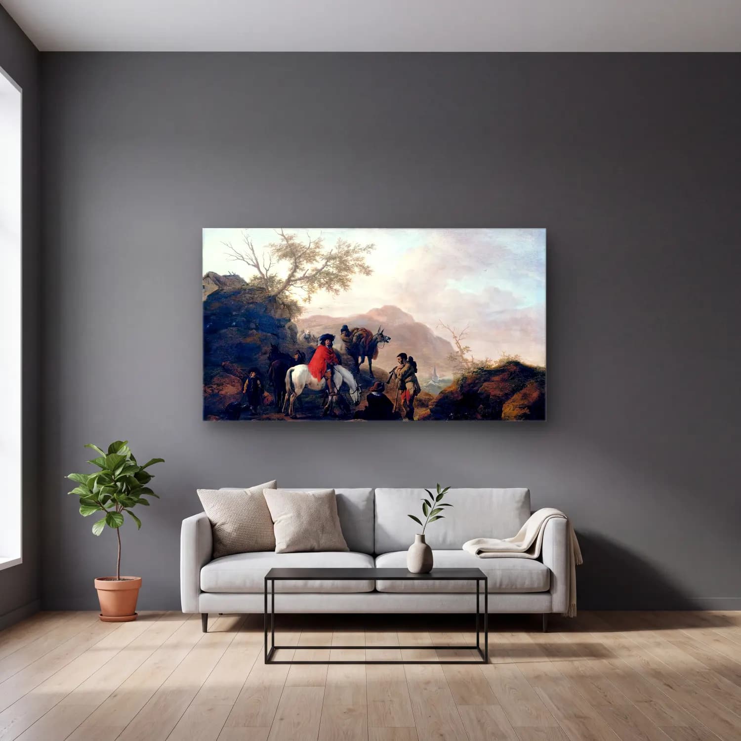 Philips Wouwerman – Scene on a Rocky Road cam tablo — gri duvarlı salonda