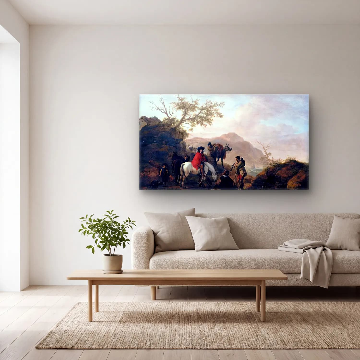 Philips Wouwerman – Scene on a Rocky Road cam tablo — açık renk salonda
