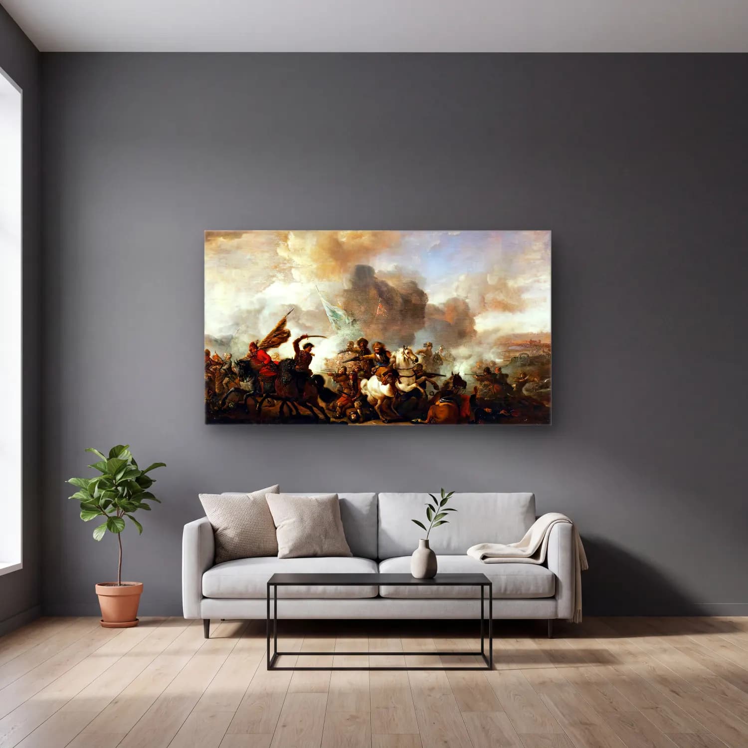 Philips Wouwerman – Skirmish of Horsemen between Orientals and Imperials cam tablo — gri duvarlı salonda
