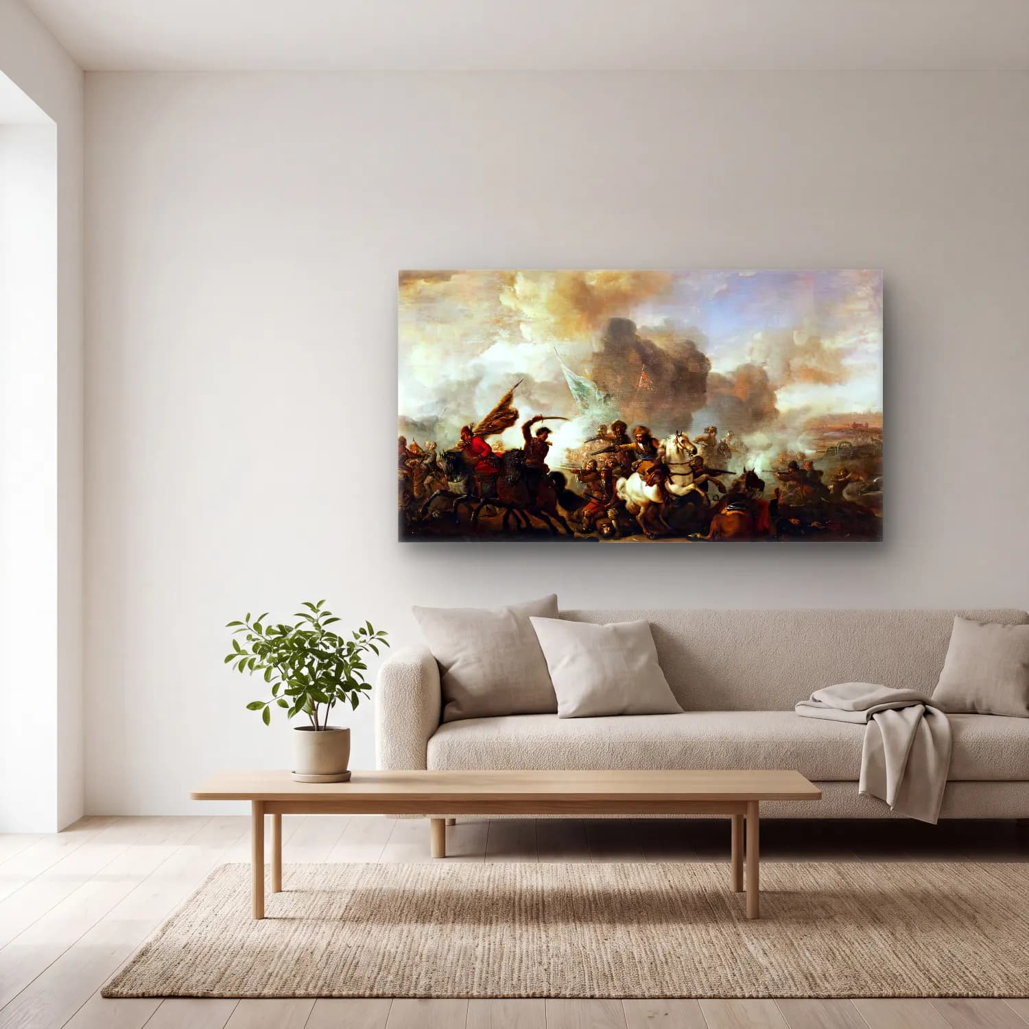 Philips Wouwerman – Skirmish of Horsemen between Orientals and Imperials cam tablo — açık renk salonda