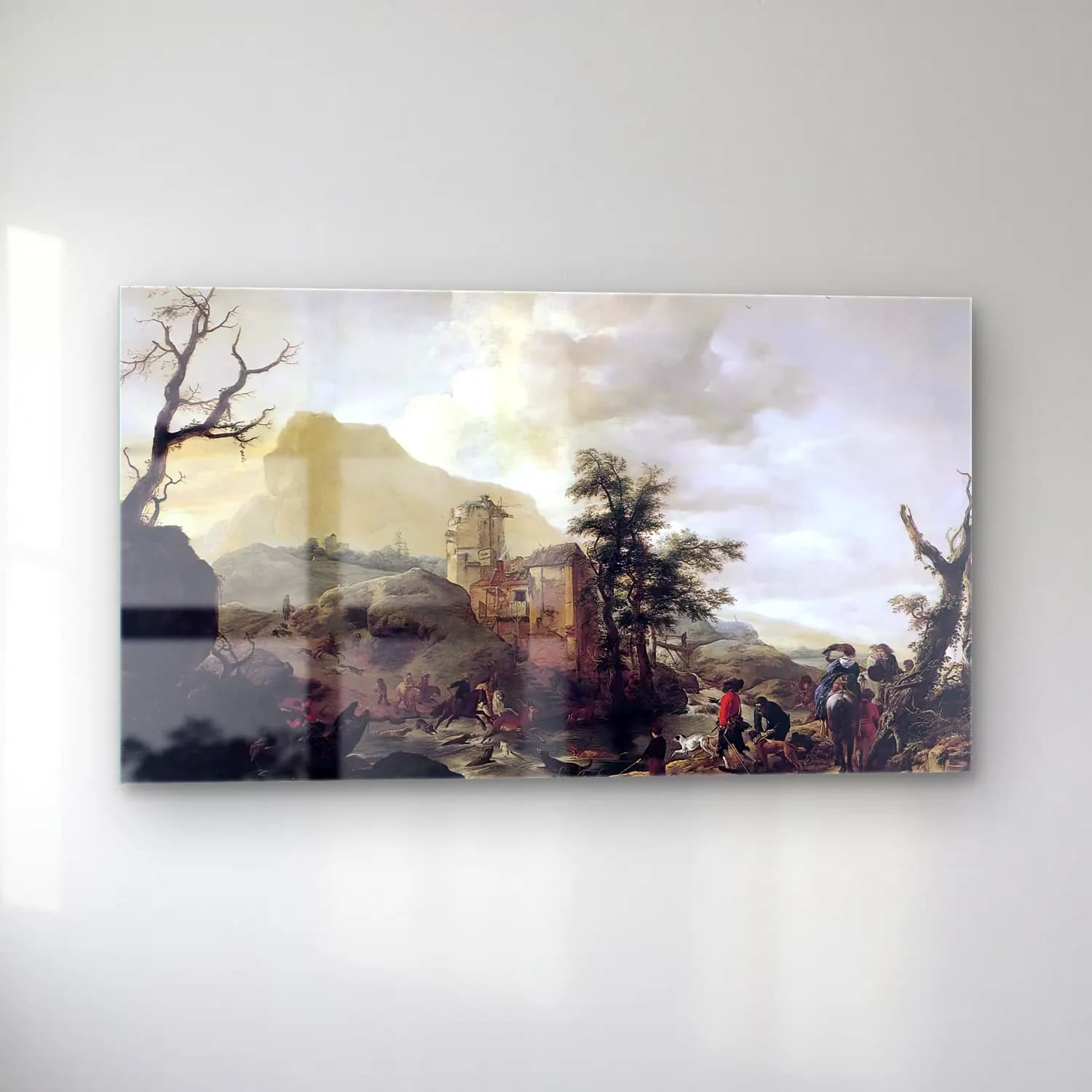 Philips Wouwerman – Stag Hunt in a River cam tablo — sol açıdan görünüm