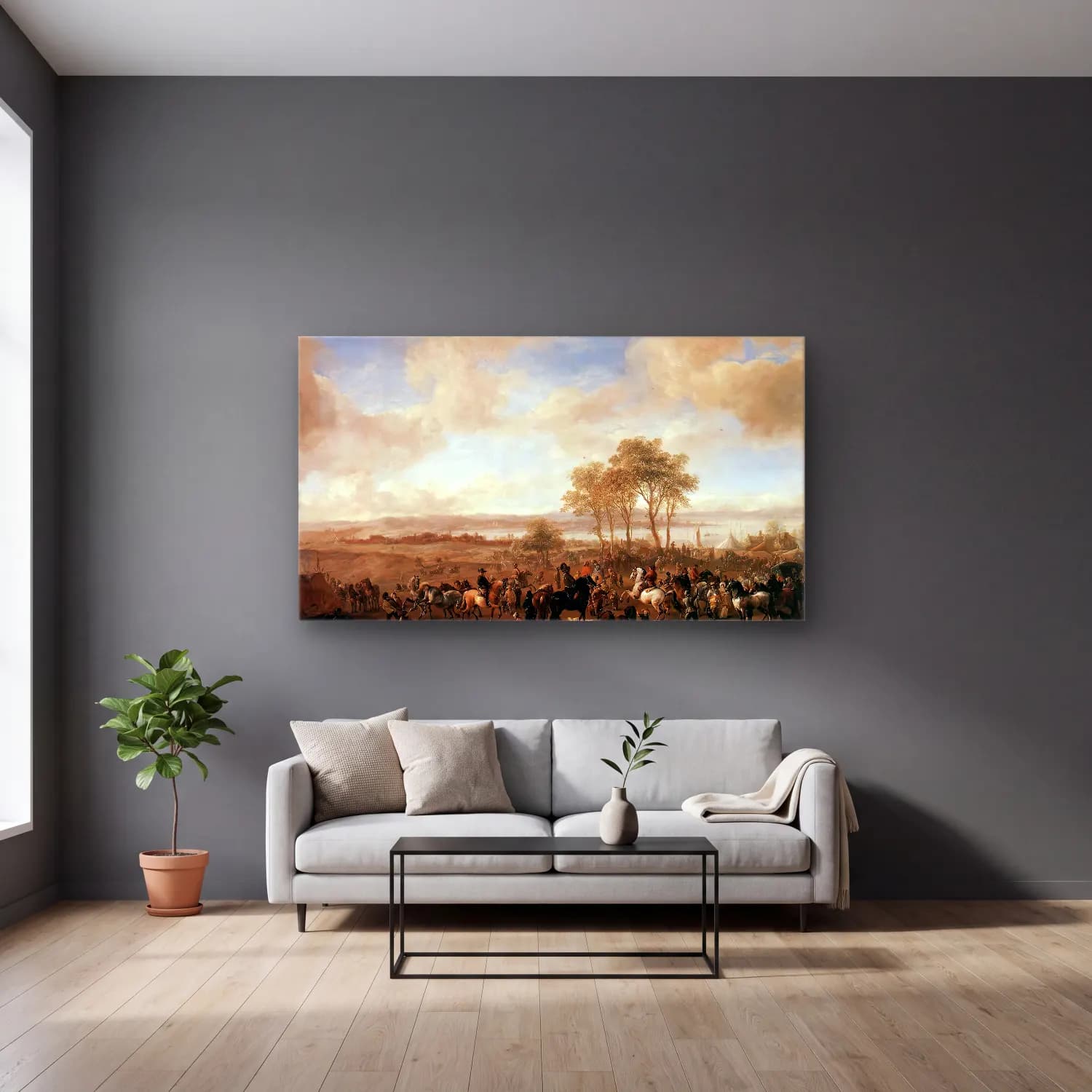 Philips Wouwerman – The Horse Fair cam tablo — gri duvarlı salonda