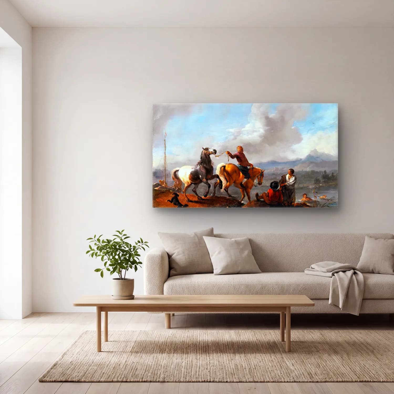 Philips Wouwerman – The Watering Place cam tablo — açık renk salonda
