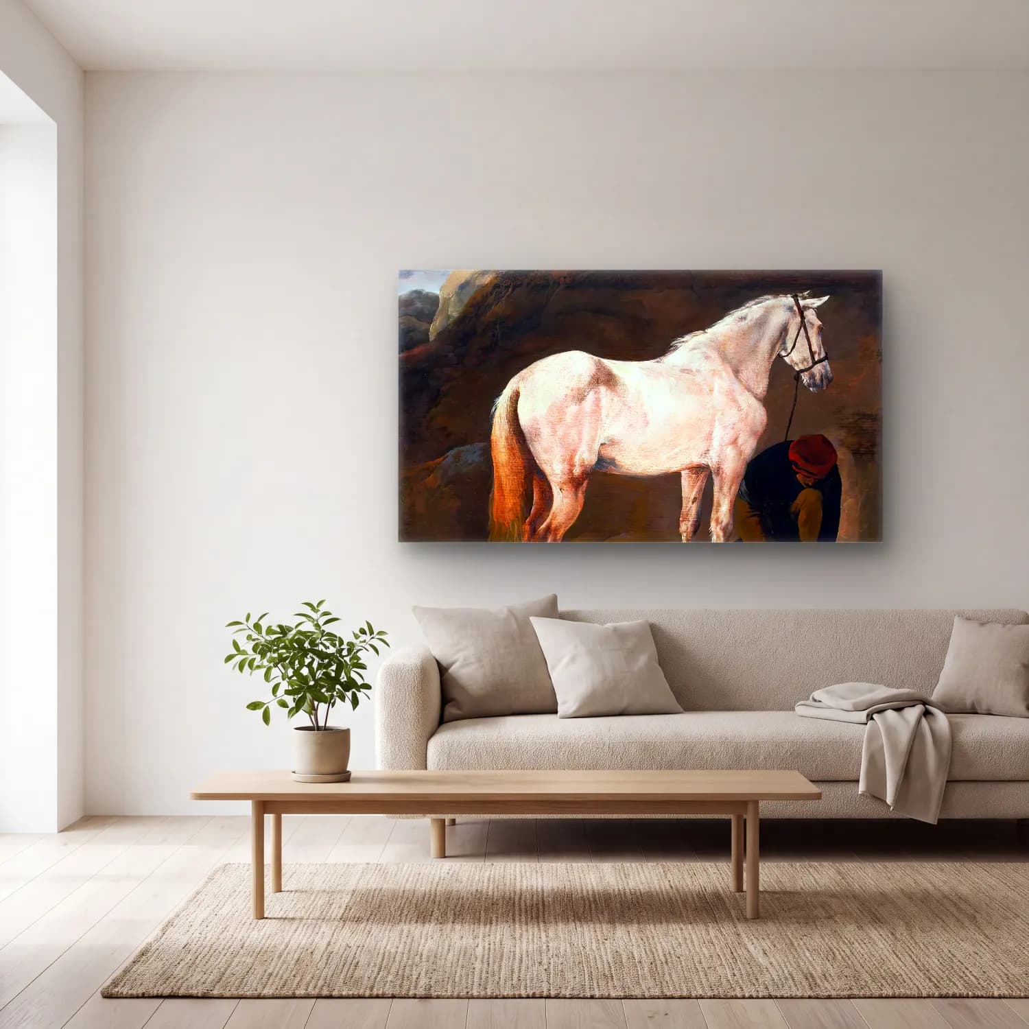 Philips Wouwerman – White Horse in a Landscape with a Groom cam tablo — açık renk salonda