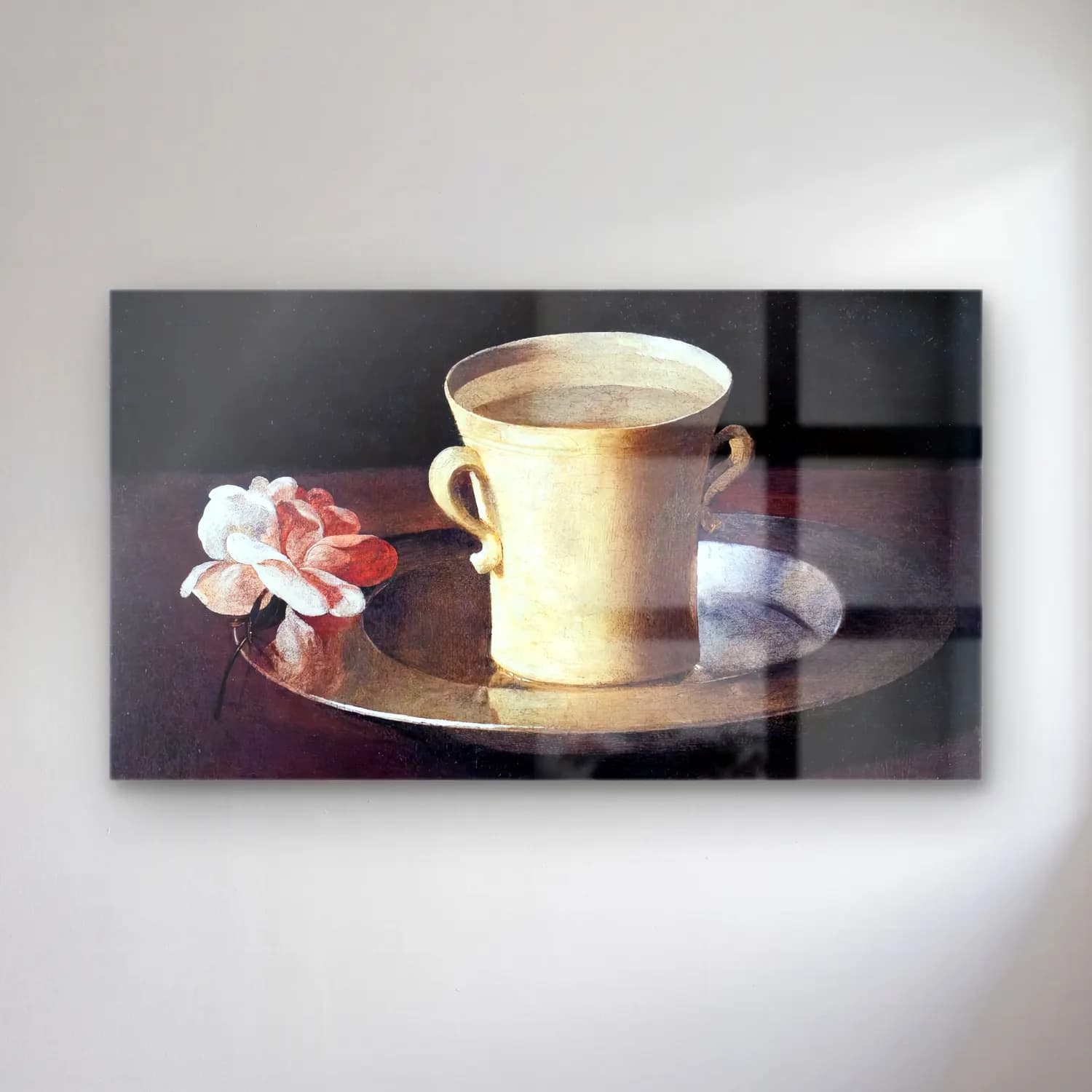 Francisco de Zurbarán – Cup of Water and a Rose on a Silver Plate cam tablo — Francisco de Zurbarán – Cup of Water and a Rose on a Silver Plate — yağlı boya çay fincanı