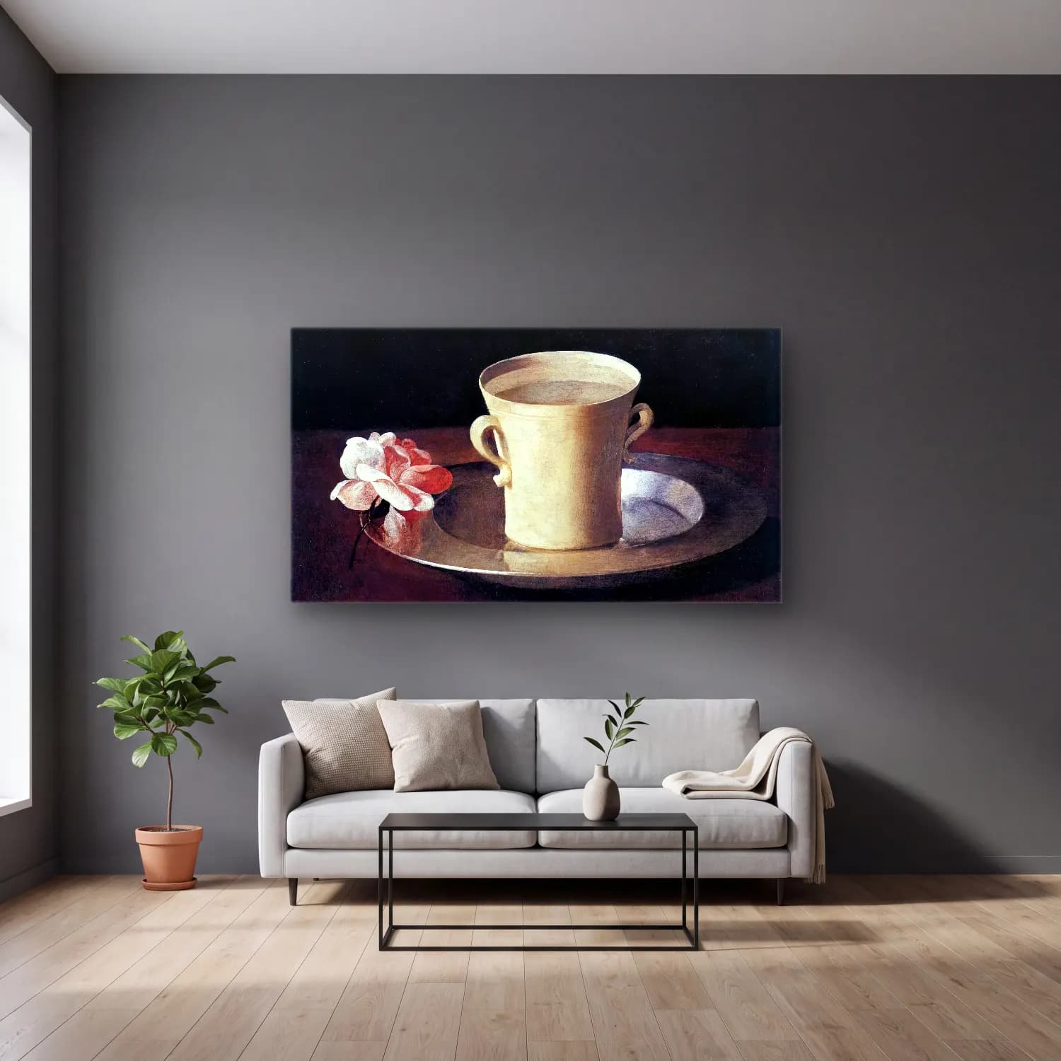 Francisco de Zurbarán – Cup of Water and a Rose on a Silver Plate cam tablo — gri duvarlı salonda