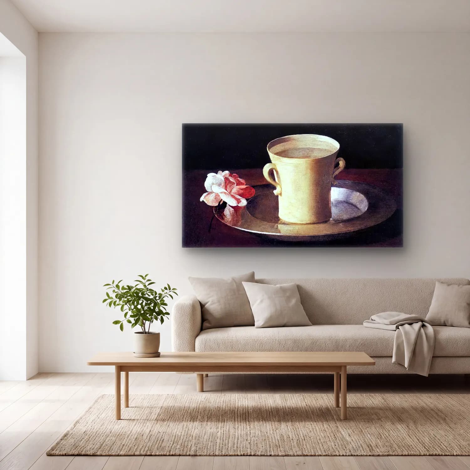 Francisco de Zurbarán – Cup of Water and a Rose on a Silver Plate cam tablo — açık renk salonda