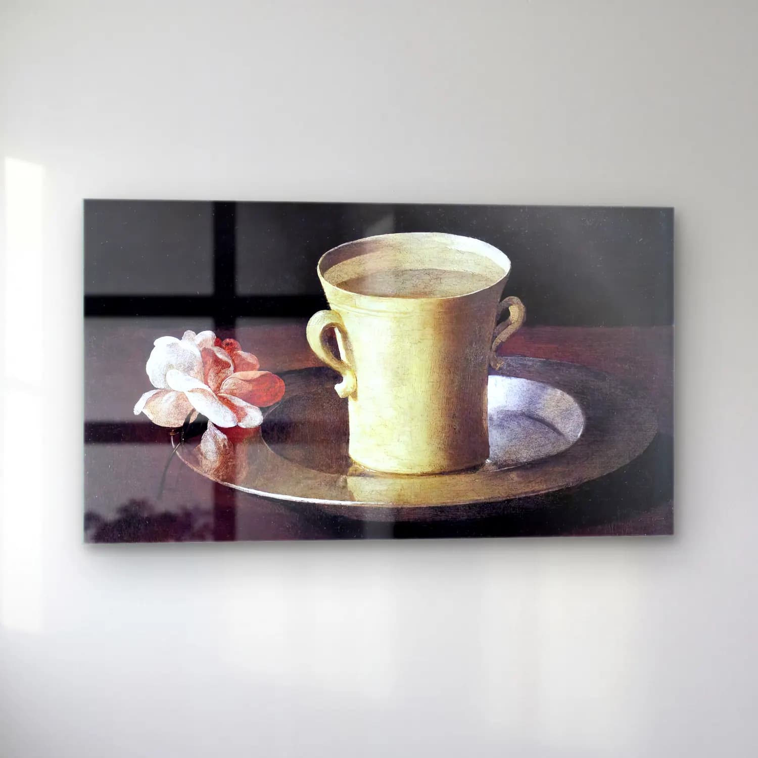 Francisco de Zurbarán – Cup of Water and a Rose on a Silver Plate cam tablo — sol açıdan görünüm