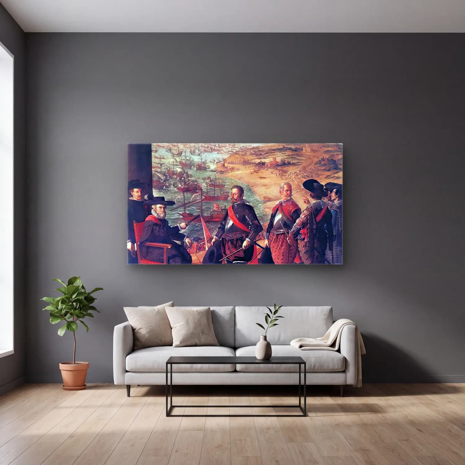 Francisco de Zurbarán – Defence of Cadiz against the English cam tablo — gri duvarlı salonda