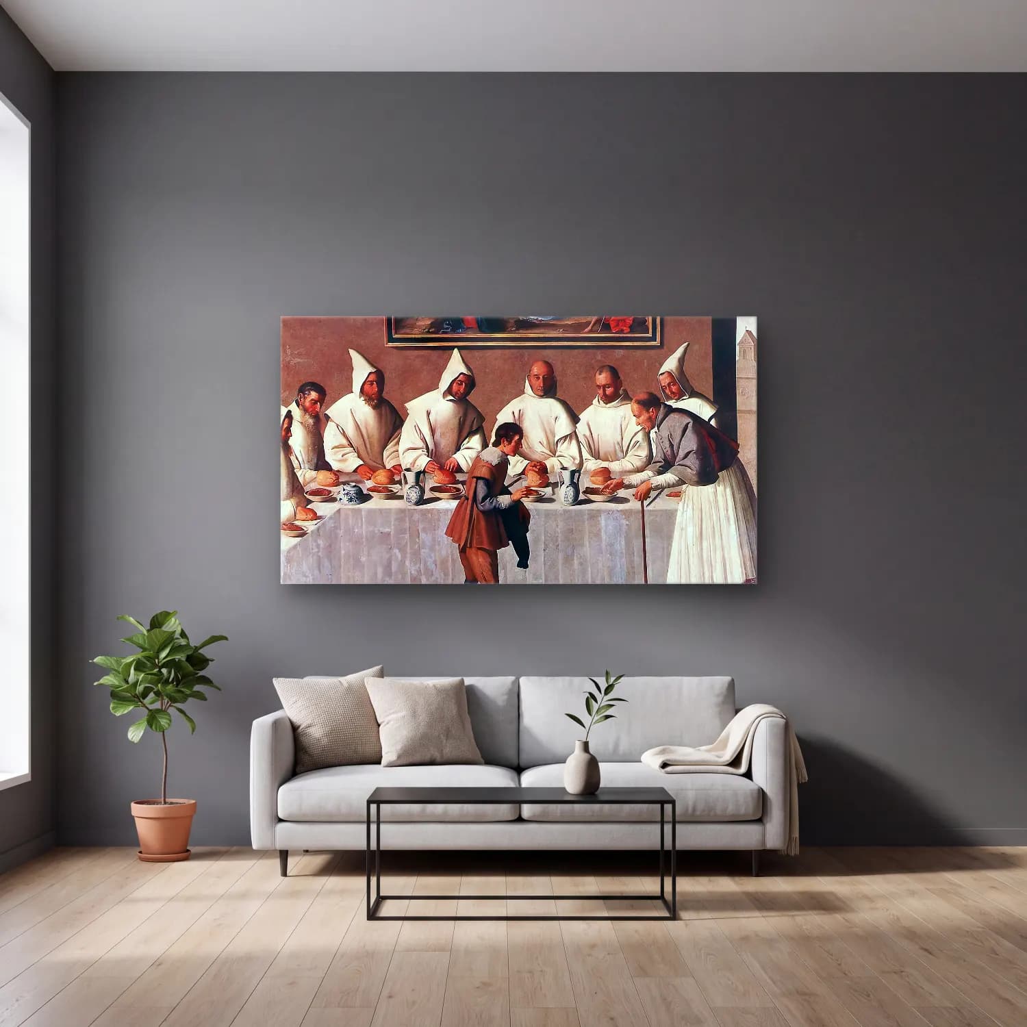 Francisco de Zurbarán – St Hugo of Grenoble in the Carthusian Refectory cam tablo — gri duvarlı salonda