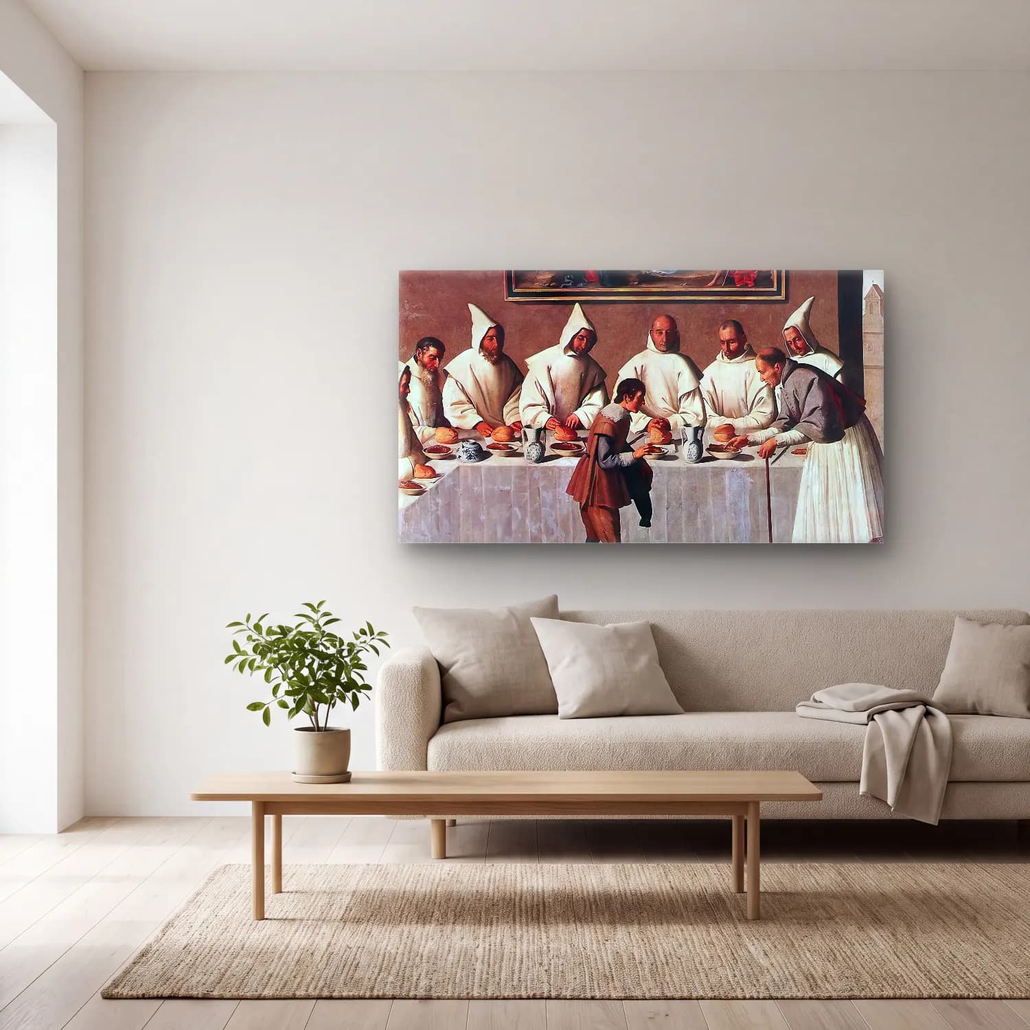 Francisco de Zurbarán – St Hugo of Grenoble in the Carthusian Refectory cam tablo — açık renk salonda