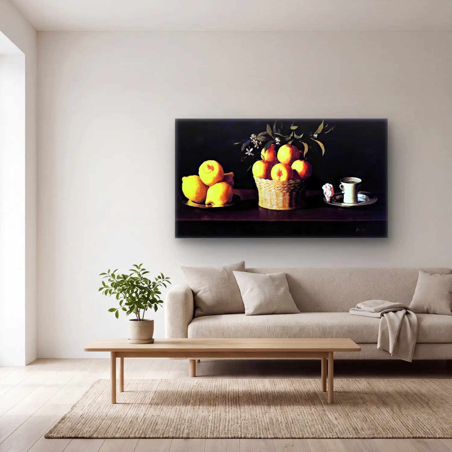 Francisco de Zurbarán – Still-life with Lemons, Oranges and Rose cam tablo — açık renk salonda