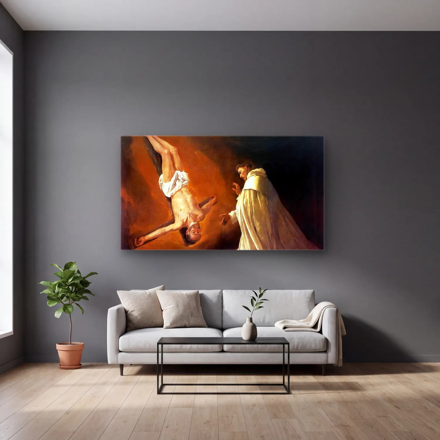 Francisco de Zurbarán – The Apparition of Apostle St Peter to St Peter of Nolasco cam tablo — gri duvarlı salonda