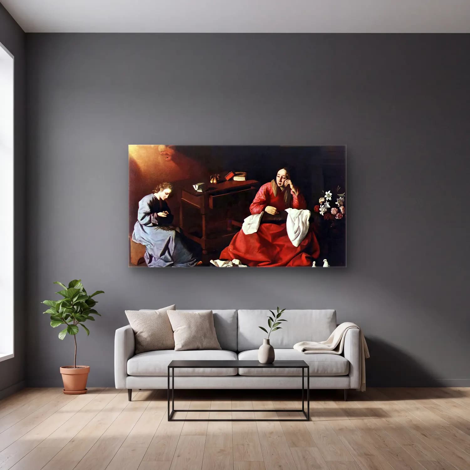 Francisco de Zurbarán – The House of Nazareth cam tablo — gri duvarlı salonda