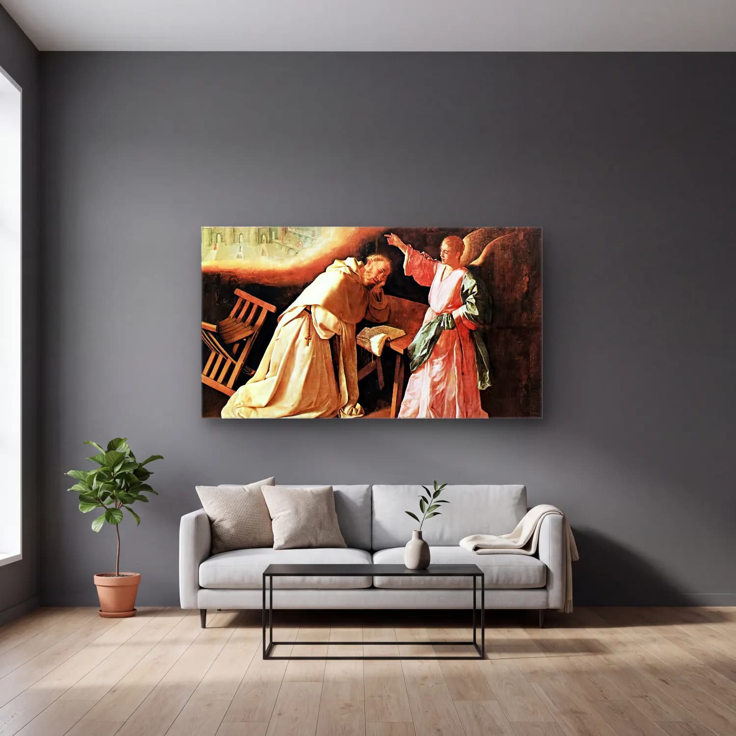 Francisco de Zurbarán – The Vision of St Peter of Nolasco cam tablo — gri duvarlı salonda
